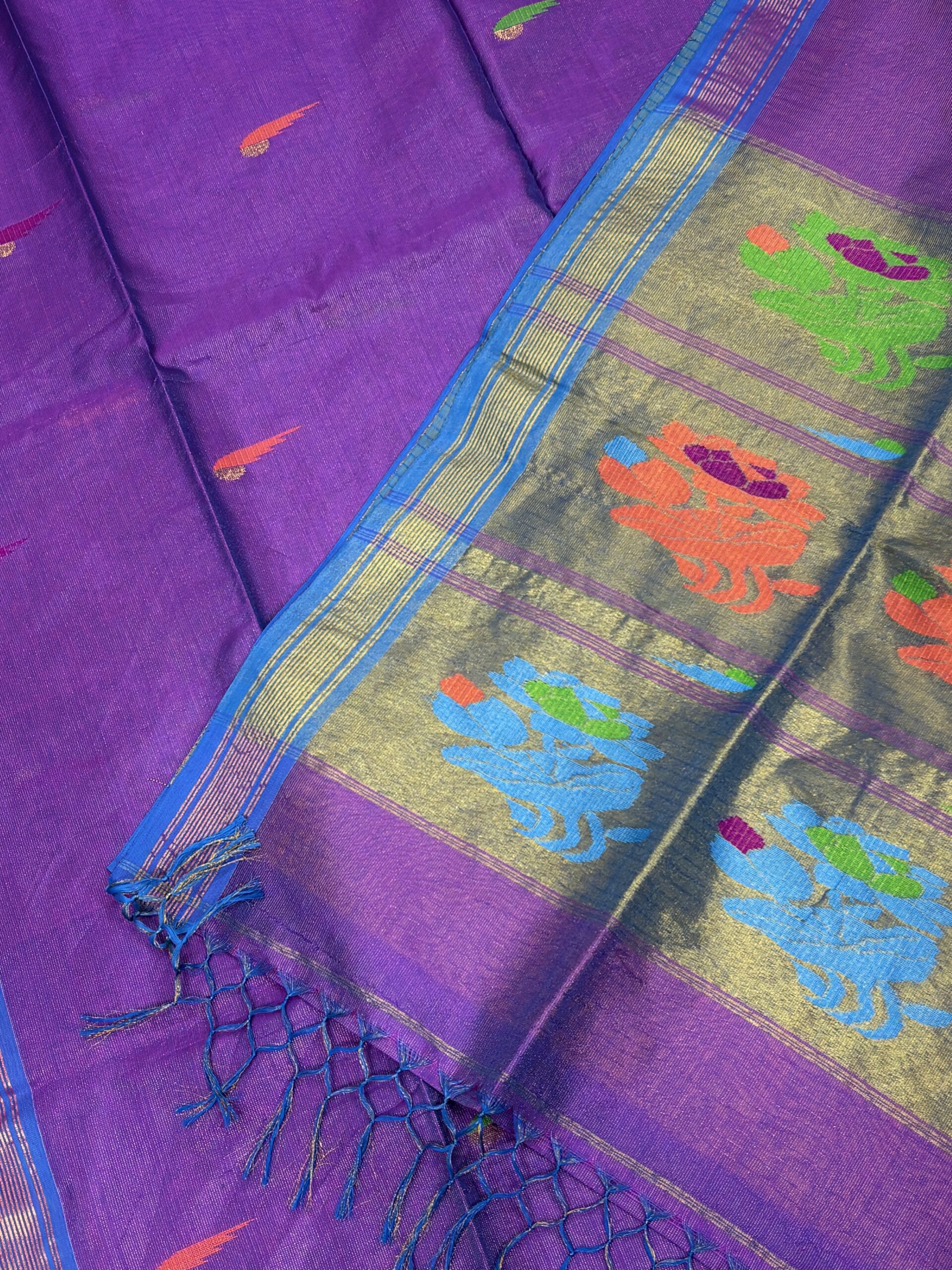 Dark Lavender Handloom Tissue Katan Silk Paithani Jamdani Saree - Image 8
