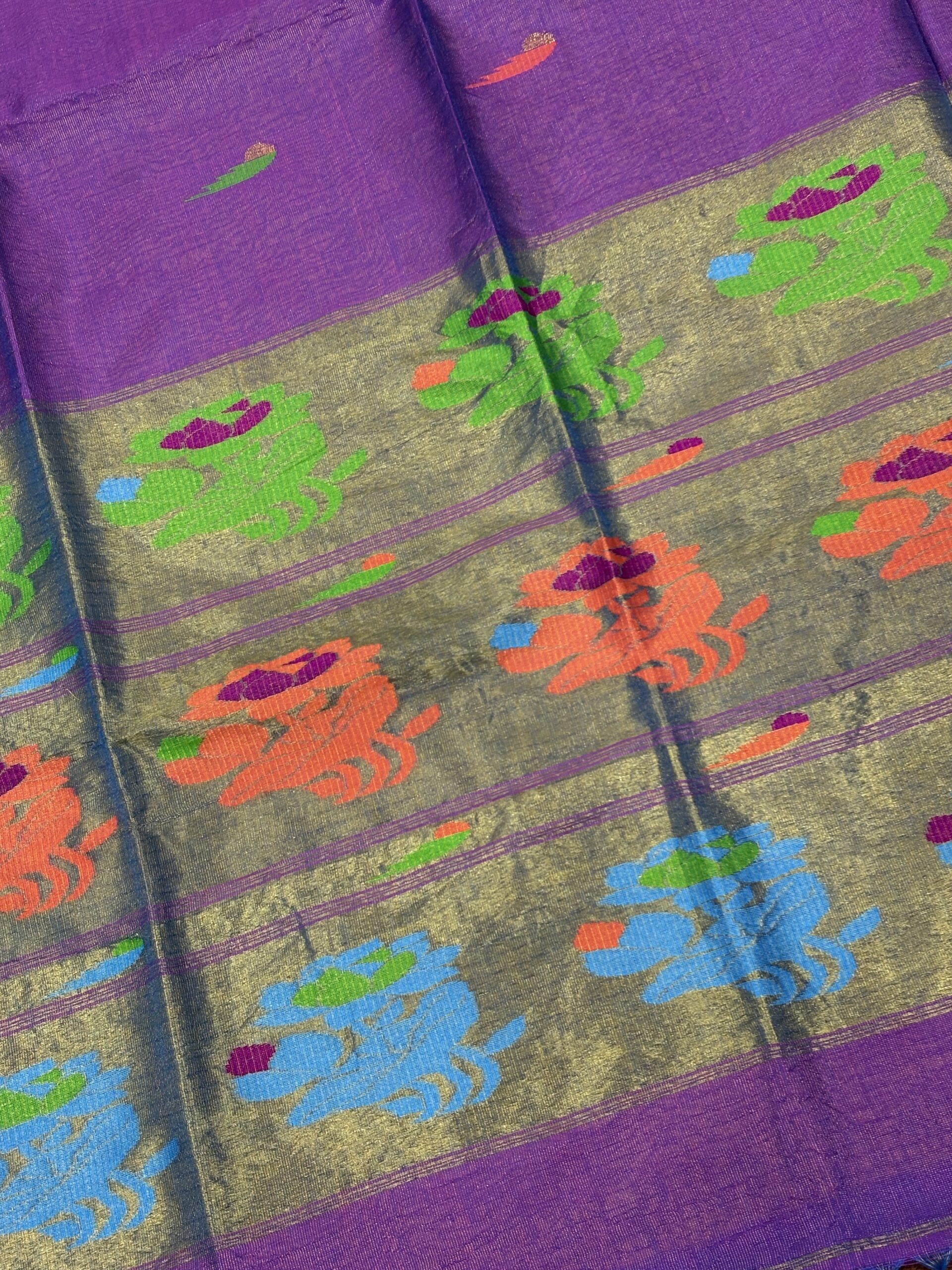 Dark Lavender Handloom Tissue Katan Silk Paithani Jamdani Saree - Image 2