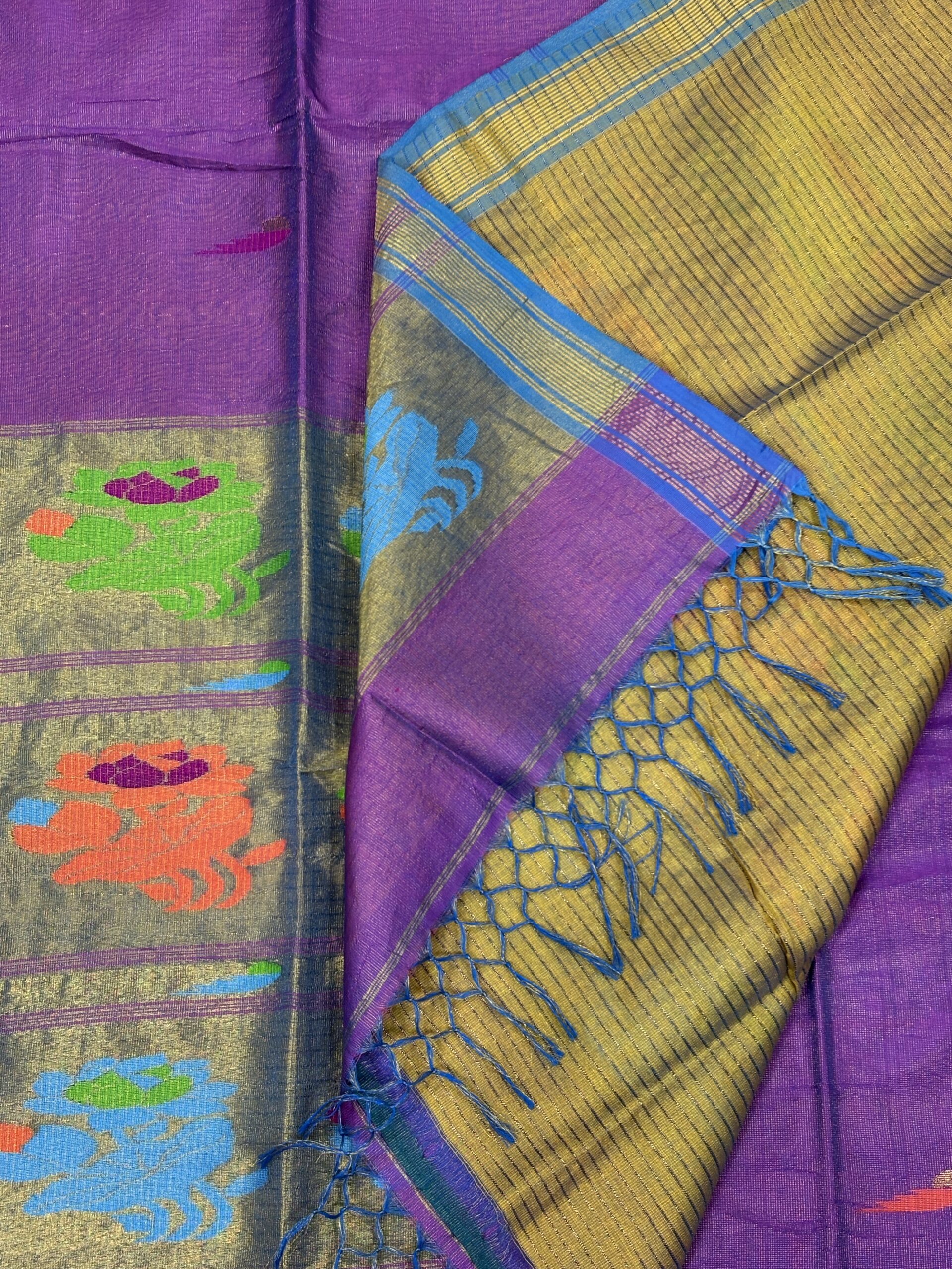 Dark Lavender Handloom Tissue Katan Silk Paithani Jamdani Saree - Image 5