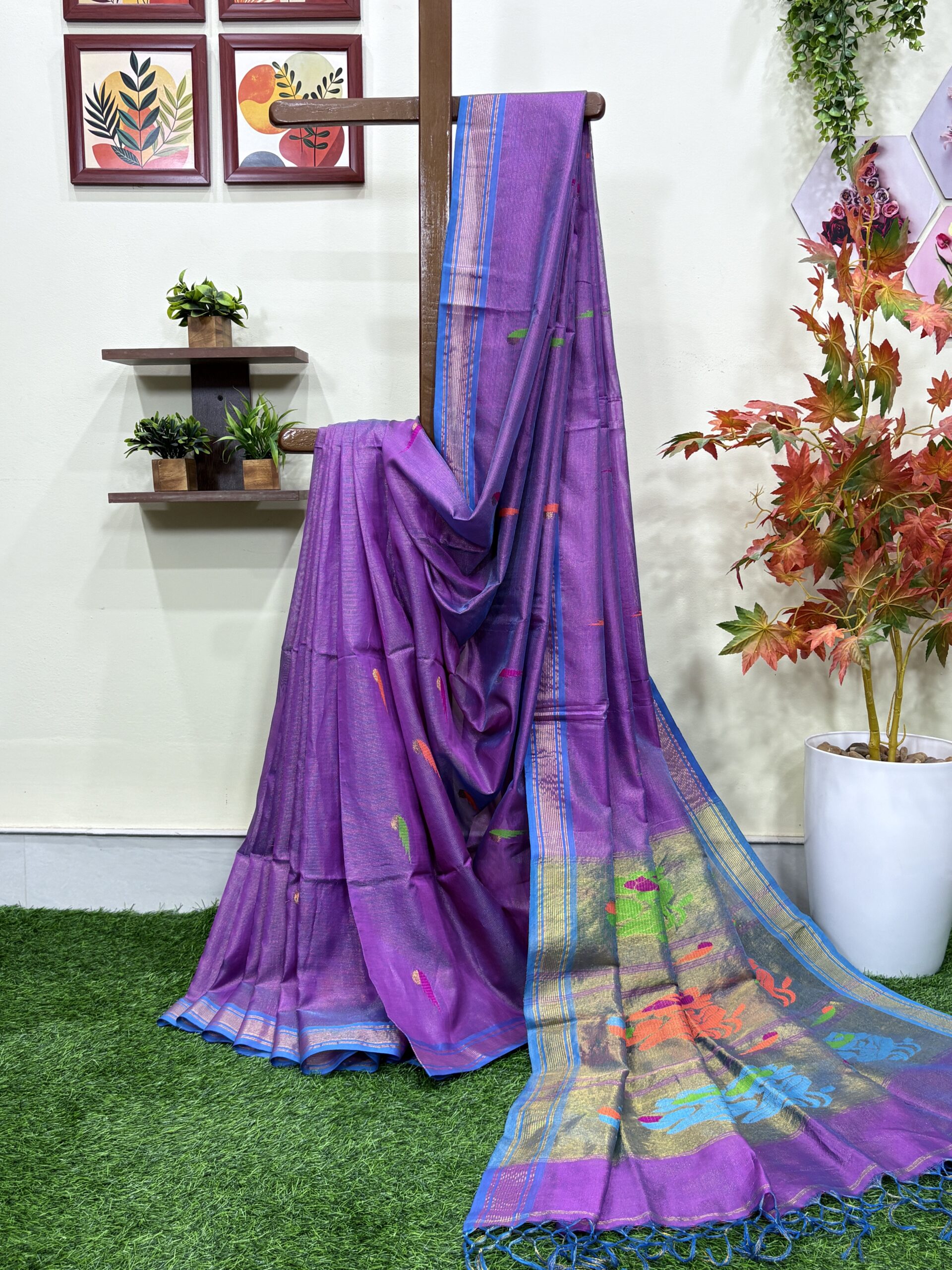 Dark Lavender Handloom Tissue Katan Silk Paithani Jamdani Saree