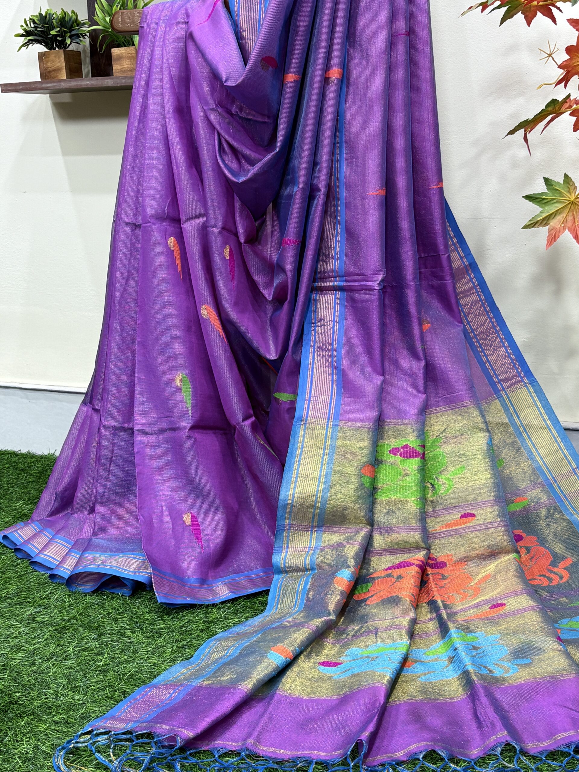 Dark Lavender Handloom Tissue Katan Silk Paithani Jamdani Saree - Image 3