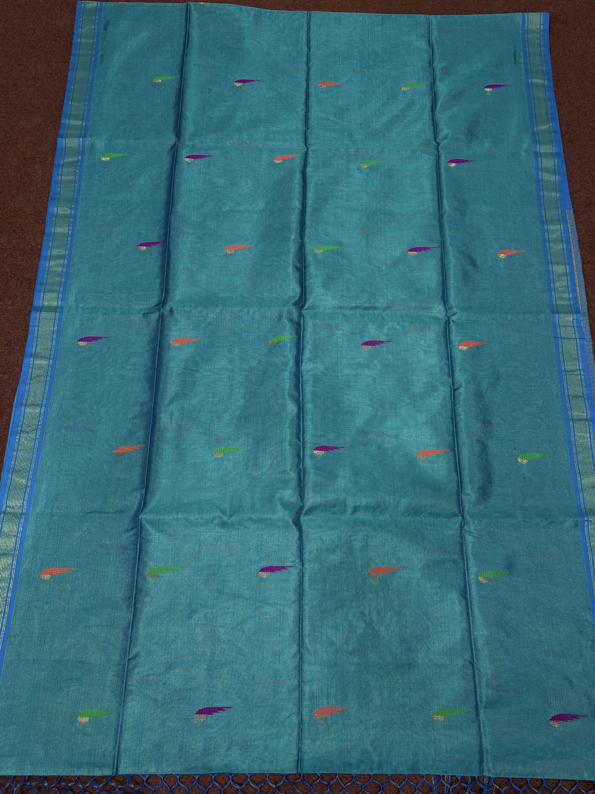 Firozi Green Handloom Tissue Katan Silk Paithani Jamdani Saree - Image 9
