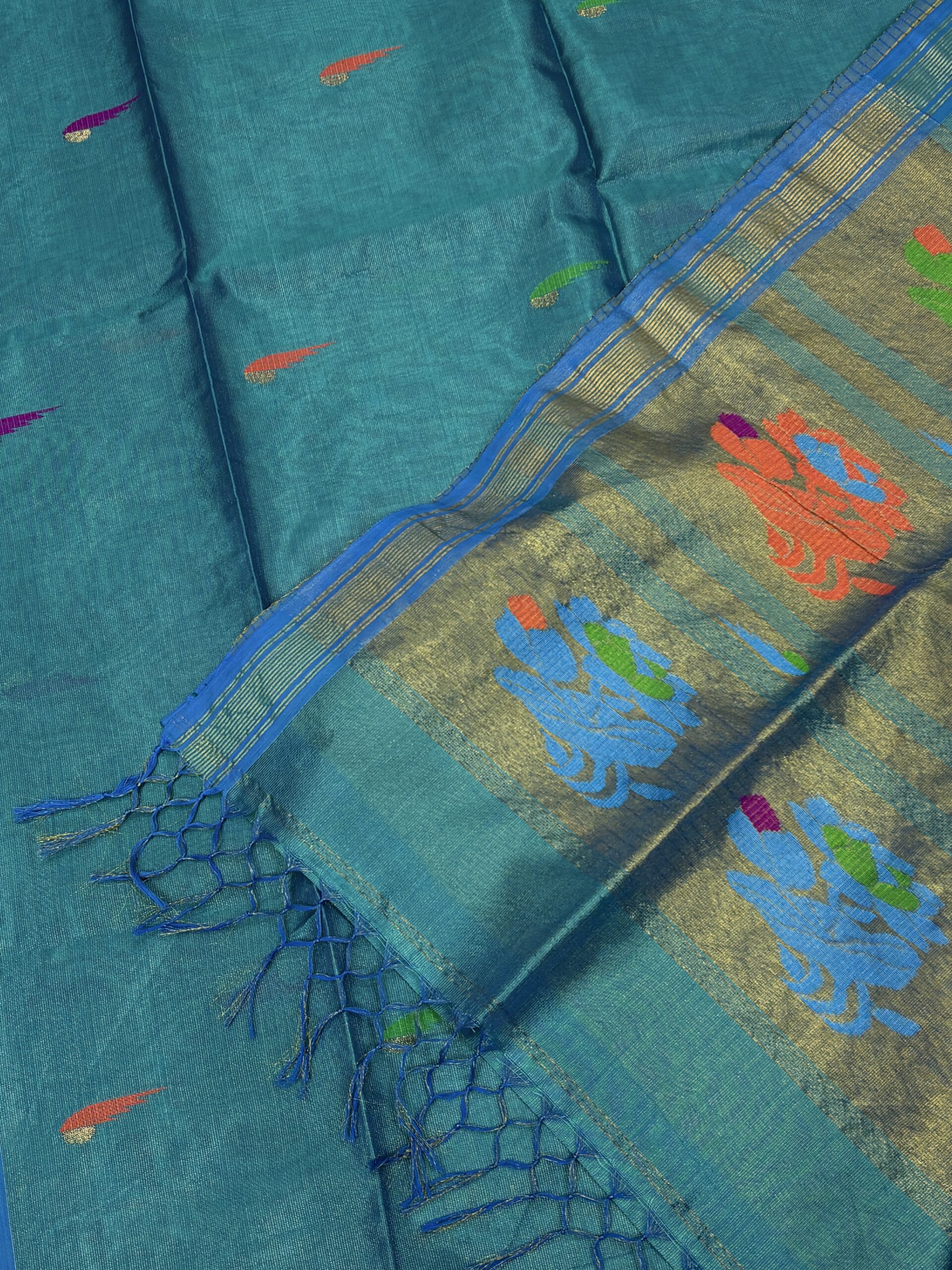 Firozi Green Handloom Tissue Katan Silk Paithani Jamdani Saree - Image 7