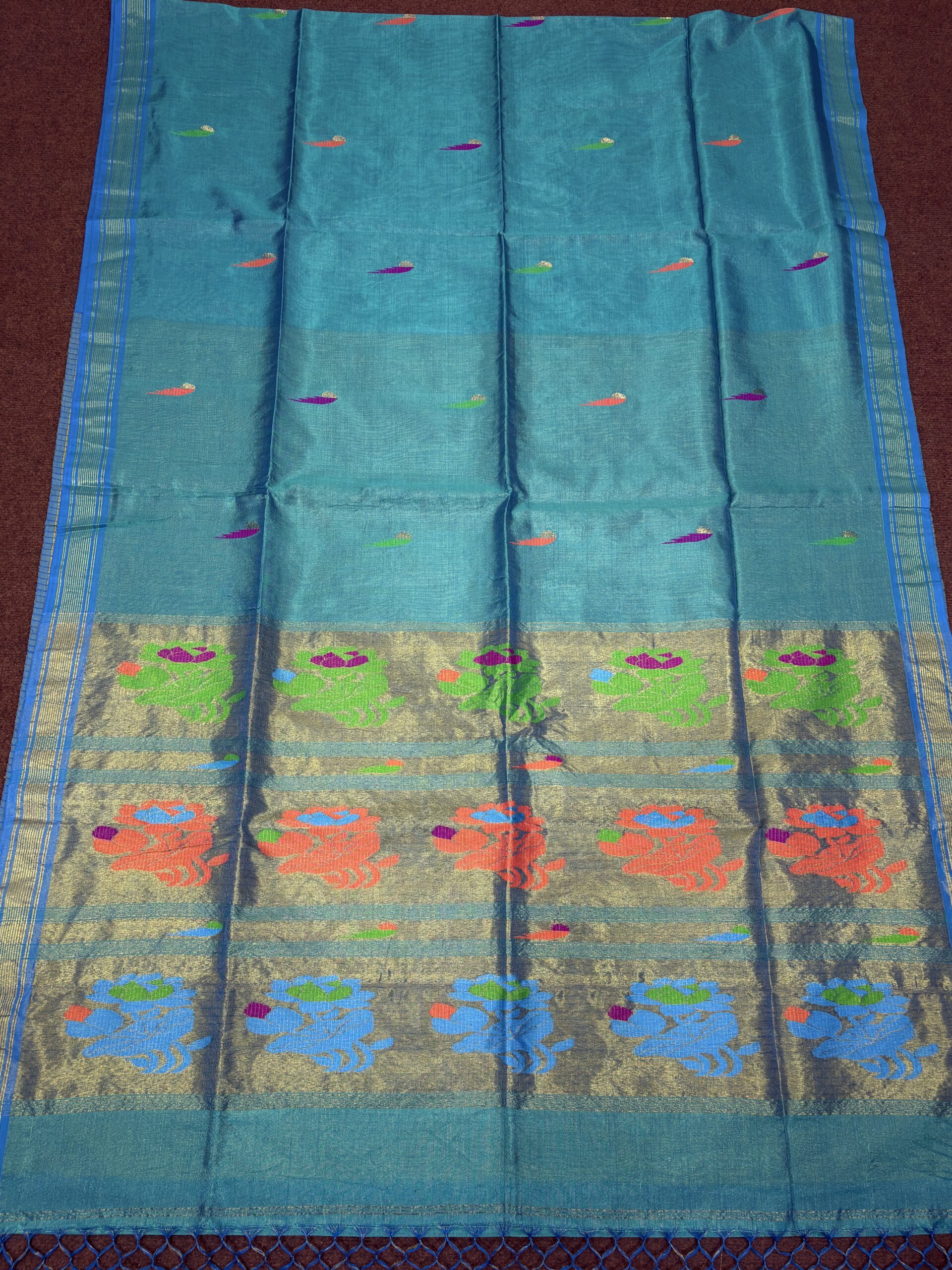 Firozi Green Handloom Tissue Katan Silk Paithani Jamdani Saree - Image 6
