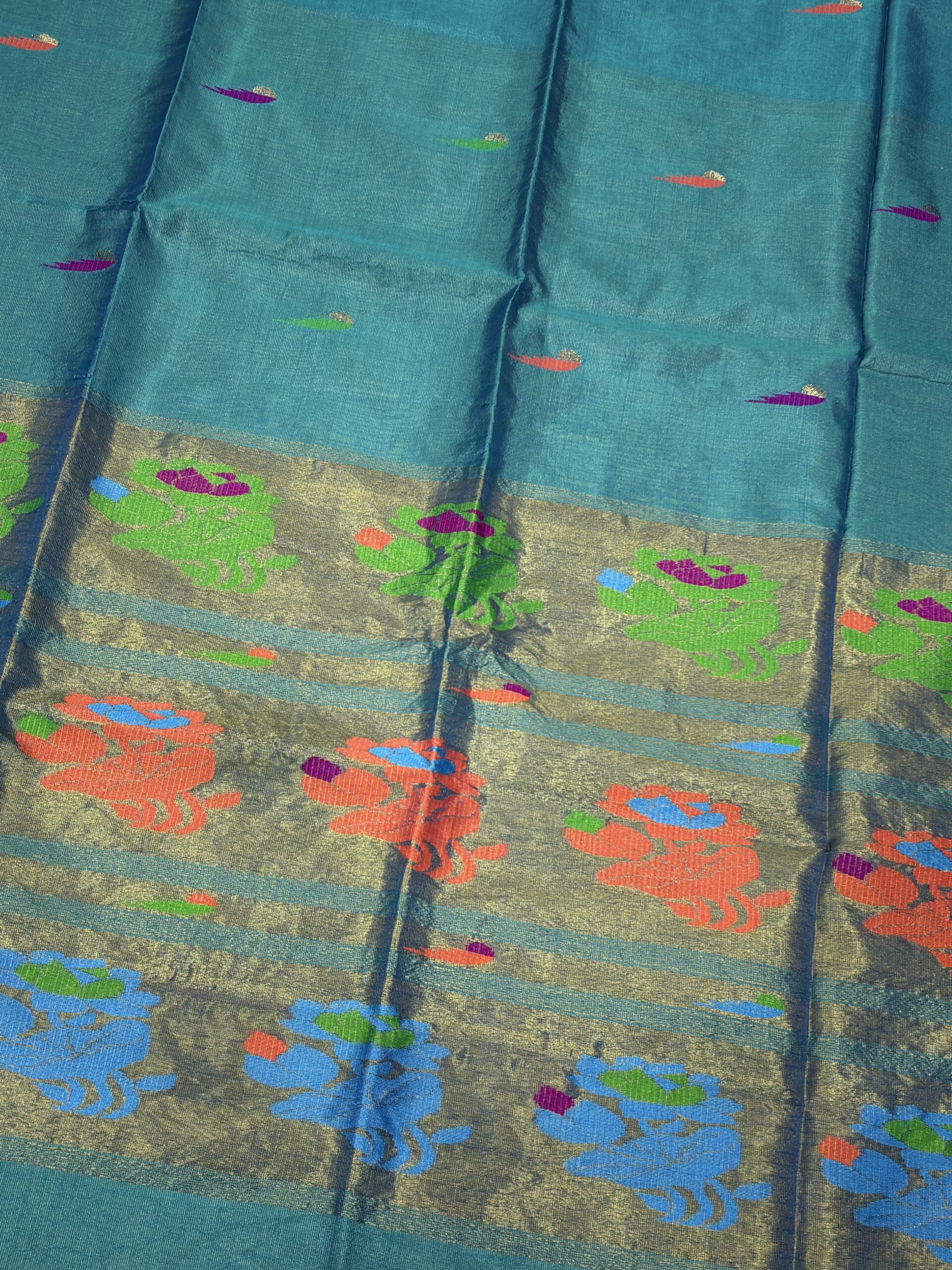 Firozi Green Handloom Tissue Katan Silk Paithani Jamdani Saree - Image 5
