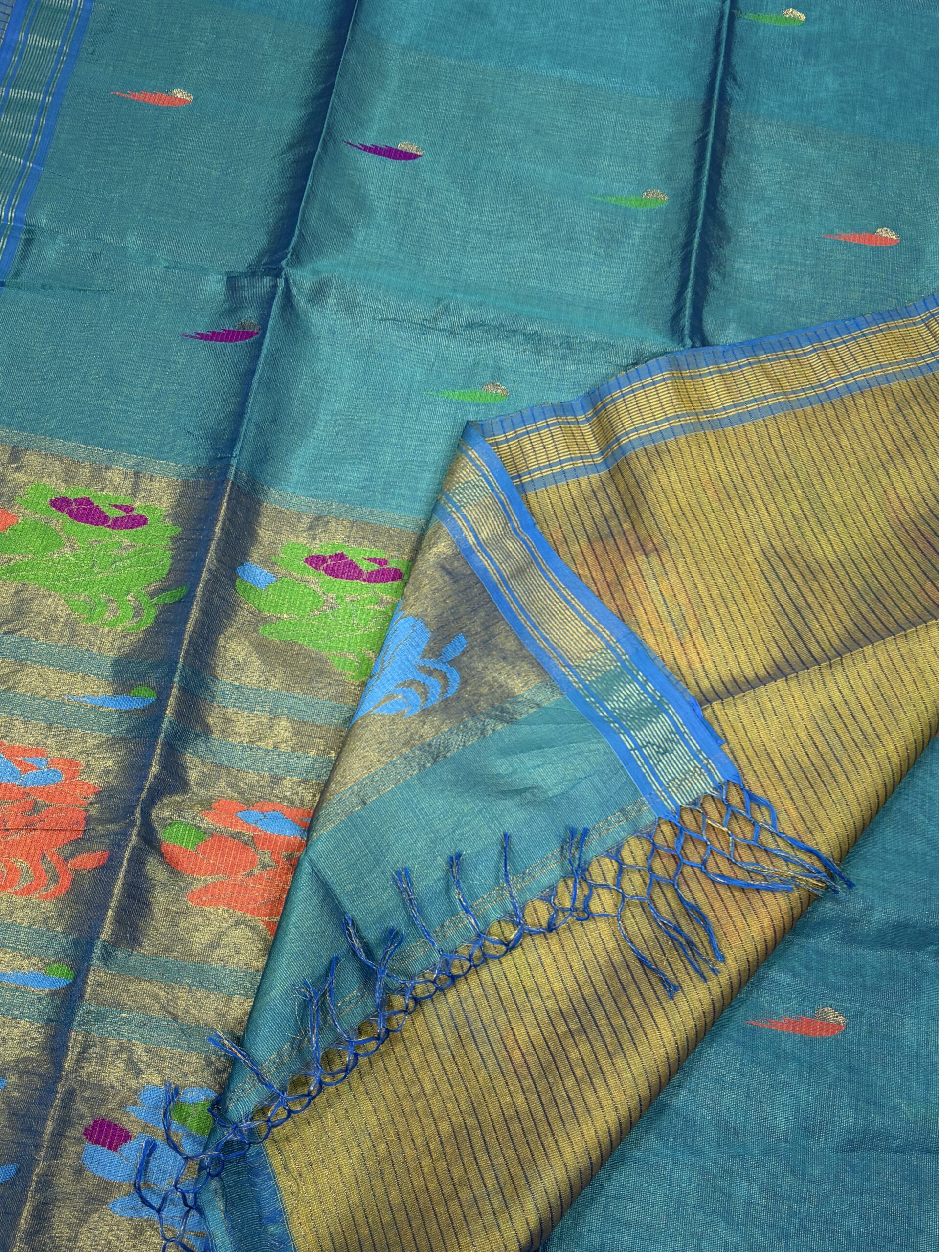 Firozi Green Handloom Tissue Katan Silk Paithani Jamdani Saree - Image 4