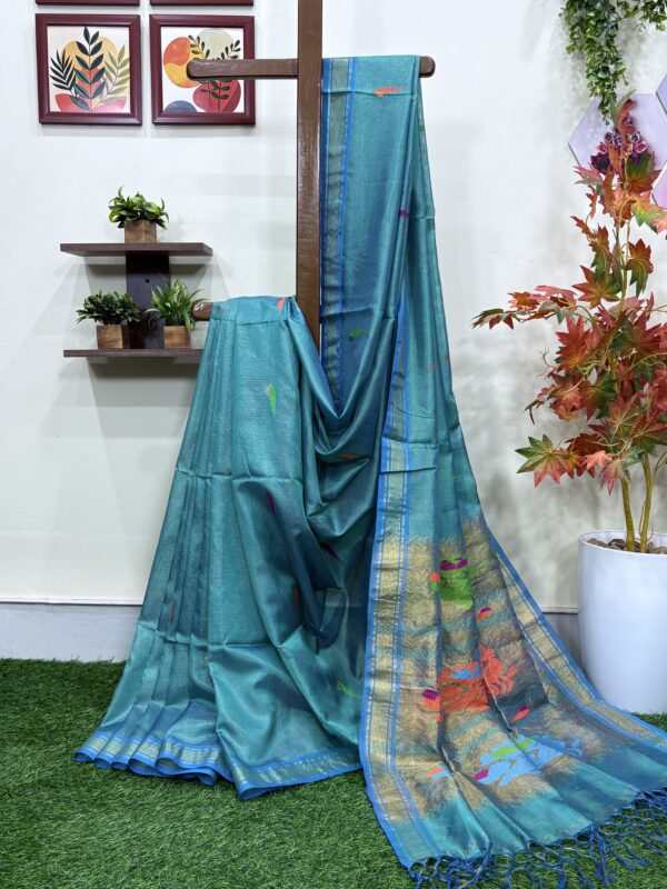 Firozi Green Handloom Tissue Katan Silk Paithani Jamdani Saree
