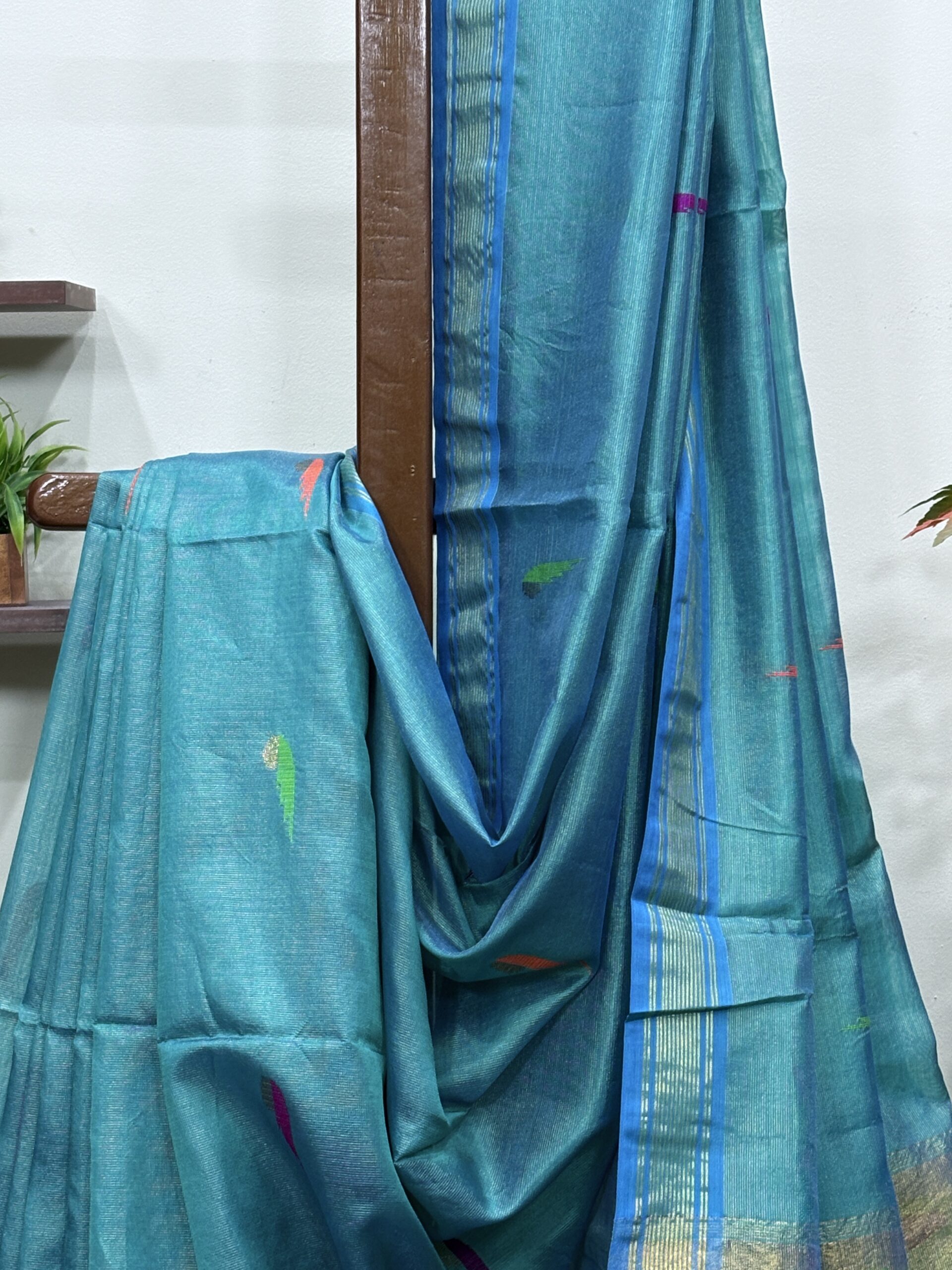 Firozi Green Handloom Tissue Katan Silk Paithani Jamdani Saree - Image 3