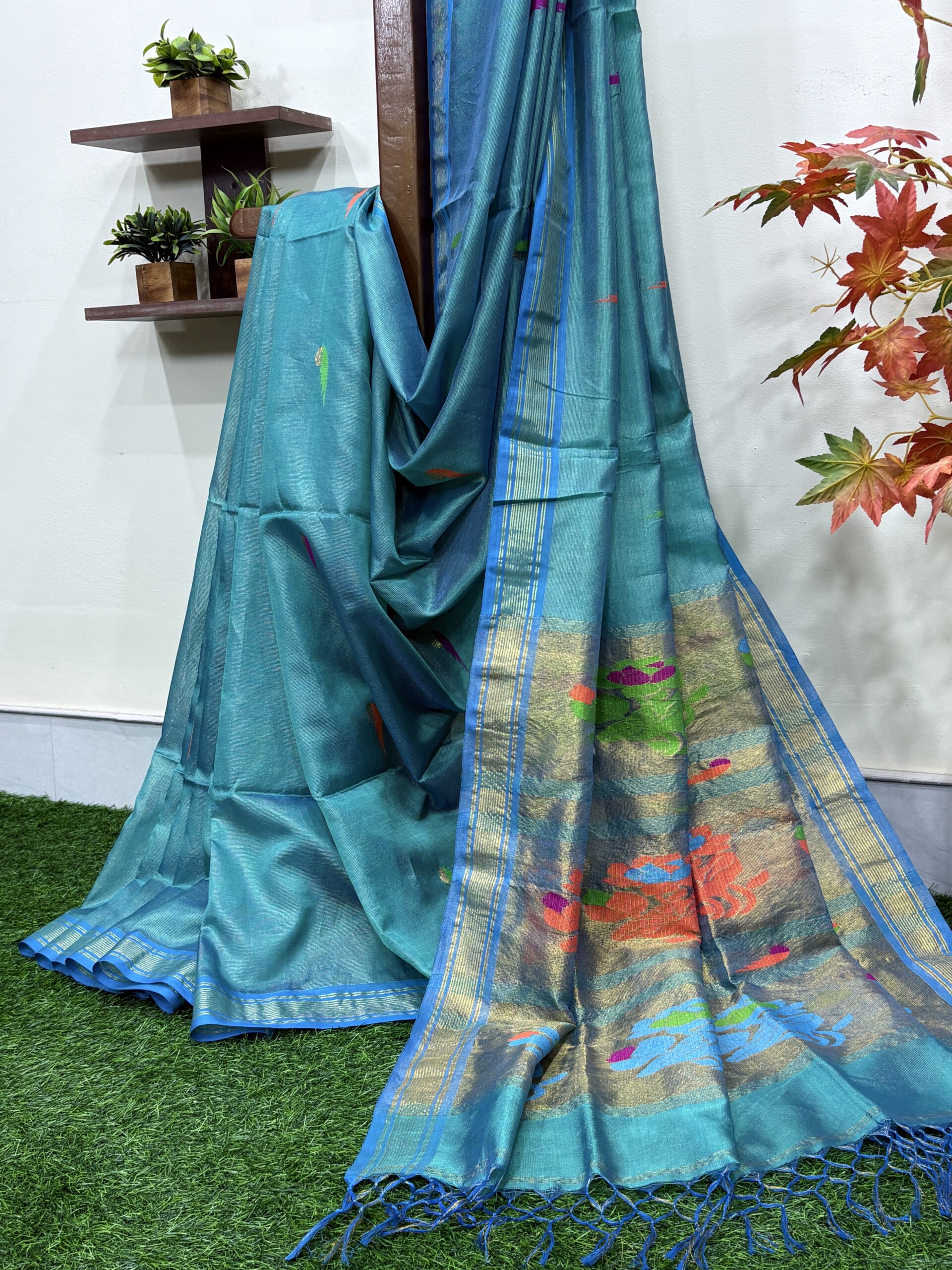 Firozi Green Handloom Tissue Katan Silk Paithani Jamdani Saree - Image 2