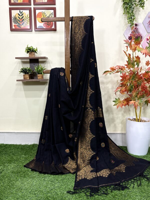 Black Handloom Premium Soft Cotton Silk Party Wear Jamdani Saree with Blouse Piece