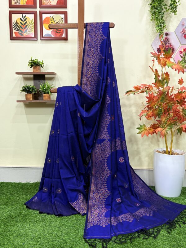 Navy Blue Handloom Premium Soft Cotton Silk Party Wear Jamdani Saree with Blouse Piece