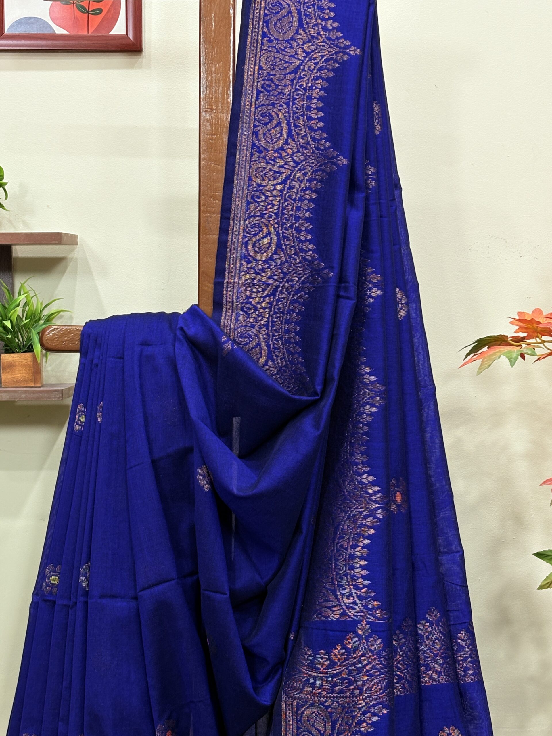 Navy Blue Handloom Premium Soft Cotton Silk Party Wear Jamdani Saree with Blouse Piece - Image 6