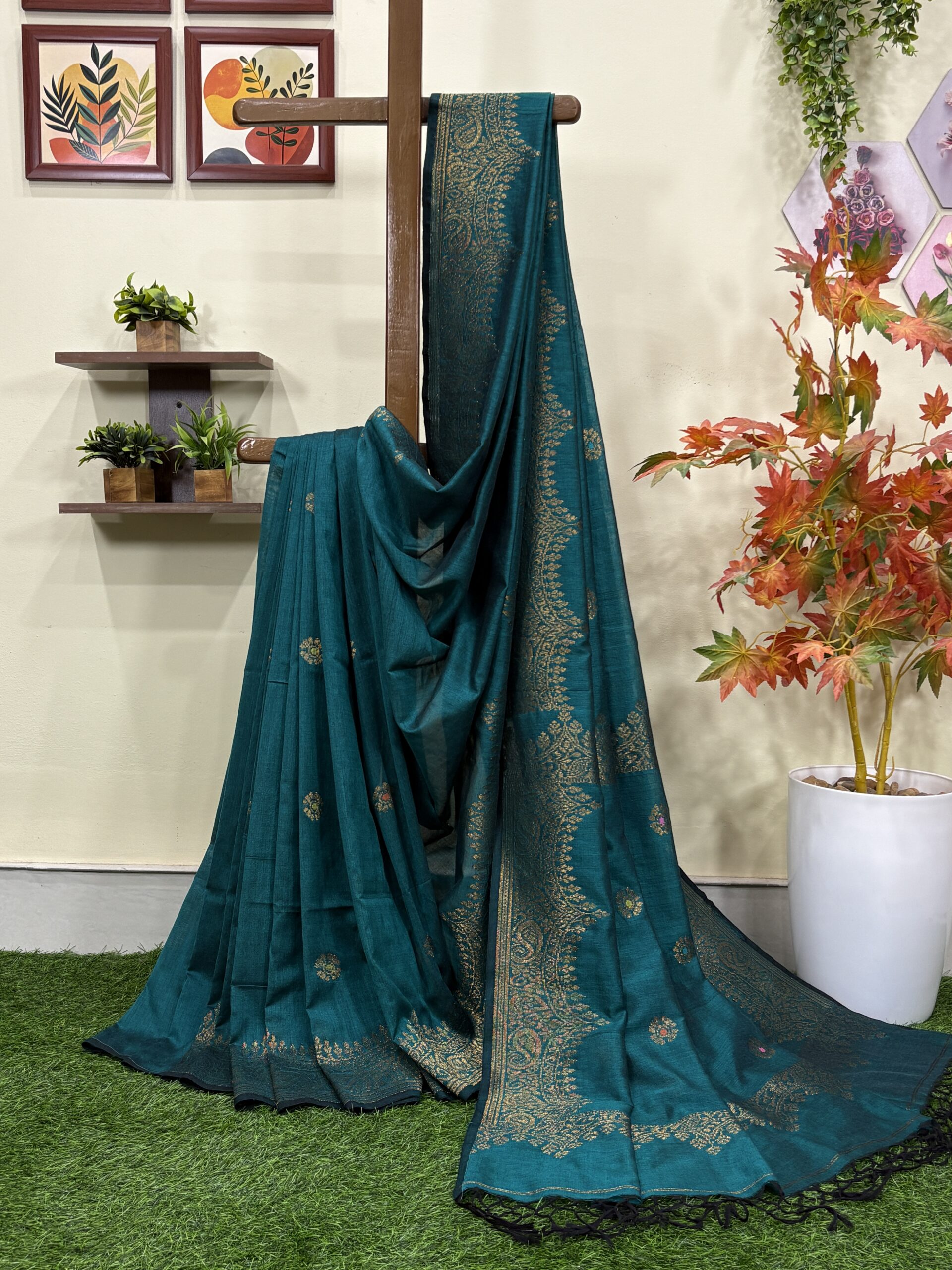 Firozi Green Handloom Organic Cotton Party Wear Jamdani Saree