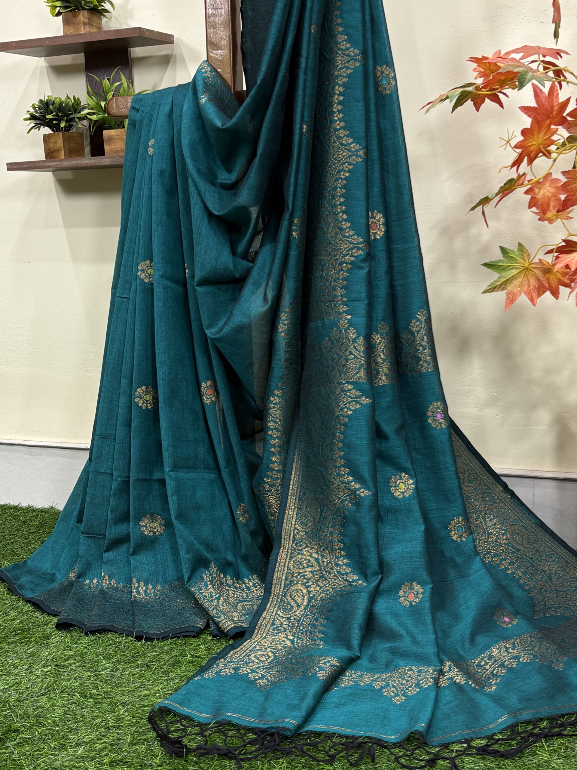 Firozi Green Handloom Organic Cotton Party Wear Jamdani Saree - Image 2