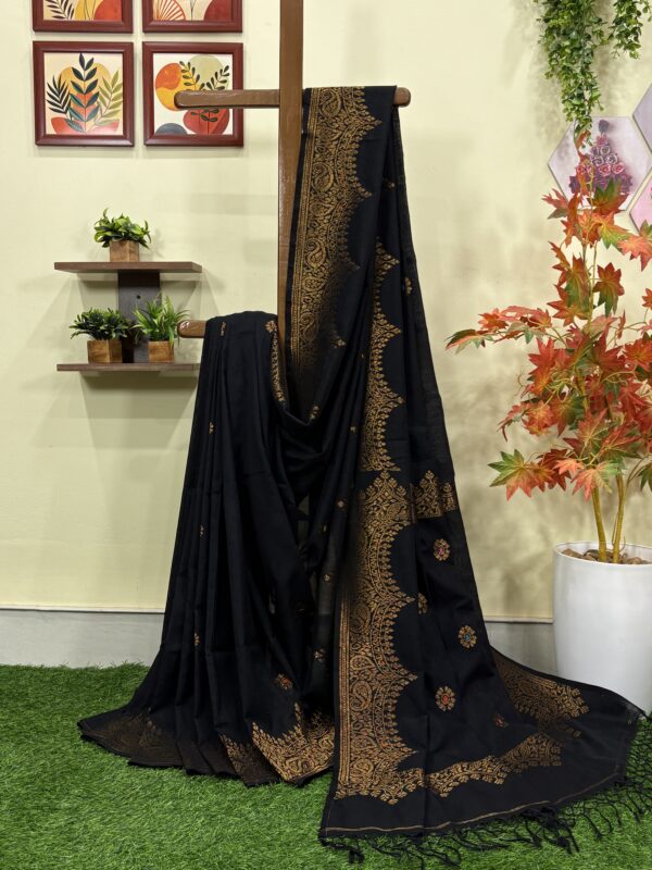 Black Handloom Premium Soft Cotton Silk Party Wear Jamdani Saree with Blouse Piece