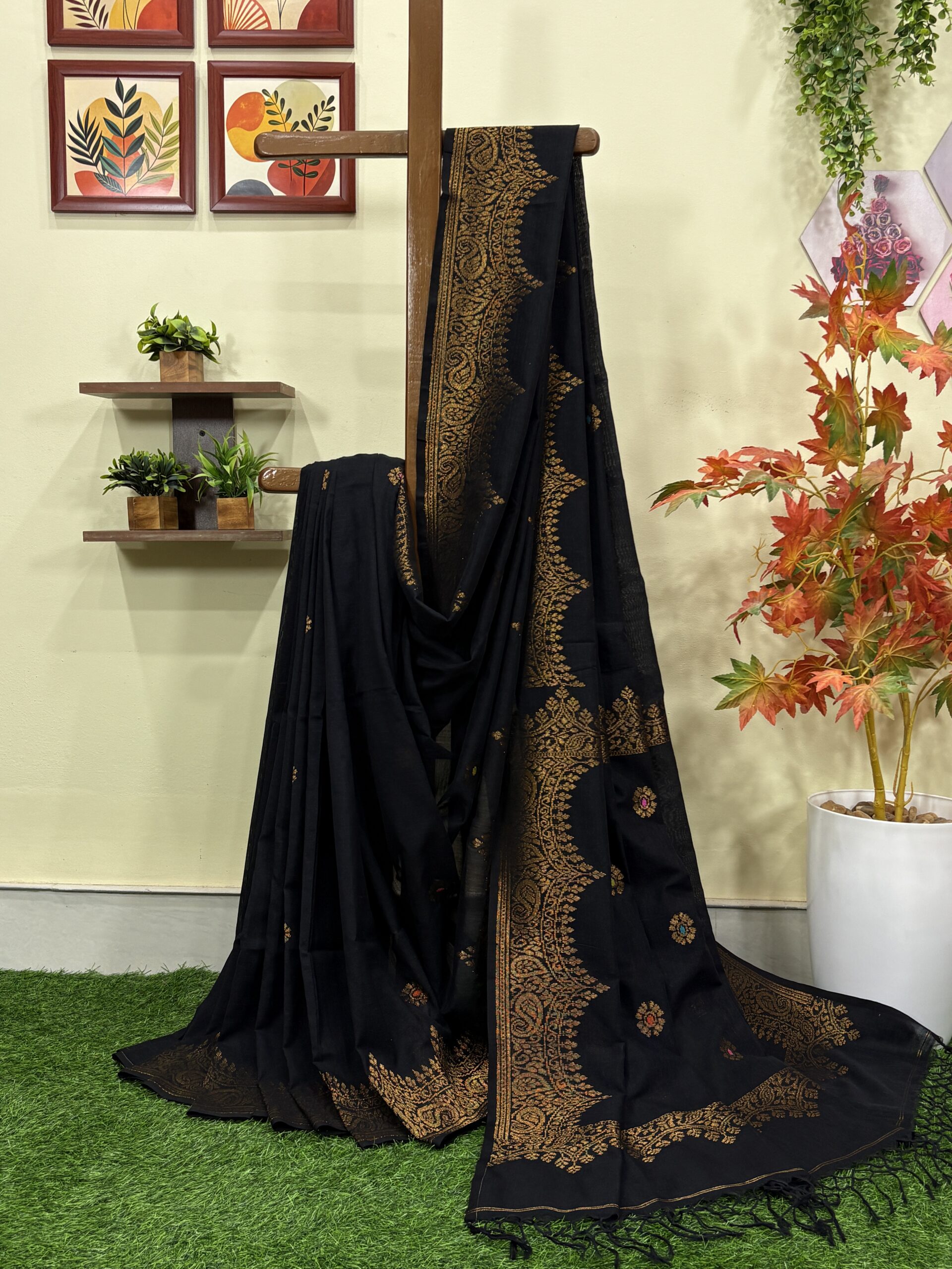 Black Handloom Premium Soft Cotton Silk Party Wear Jamdani Saree with Blouse Piece