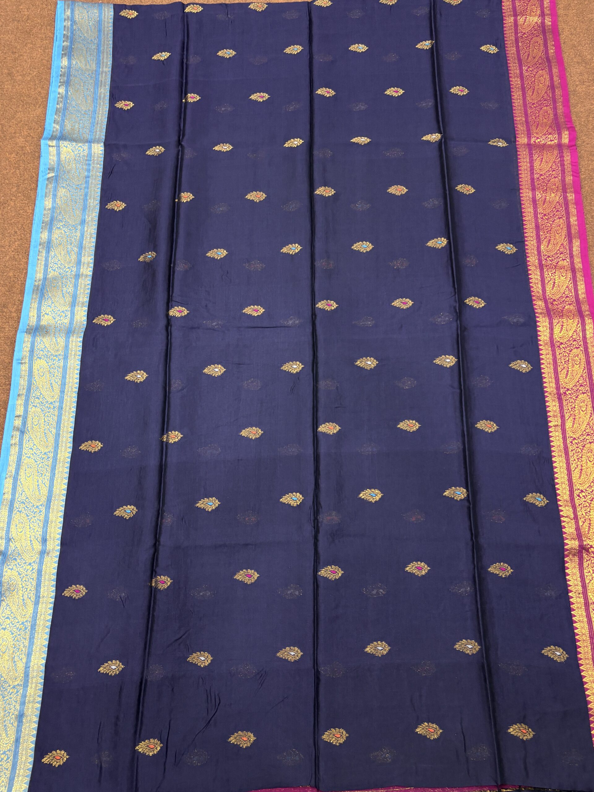 Dark Blue Paisley Katan Silk Jamdani Saree with Blouse Piece - Image 9