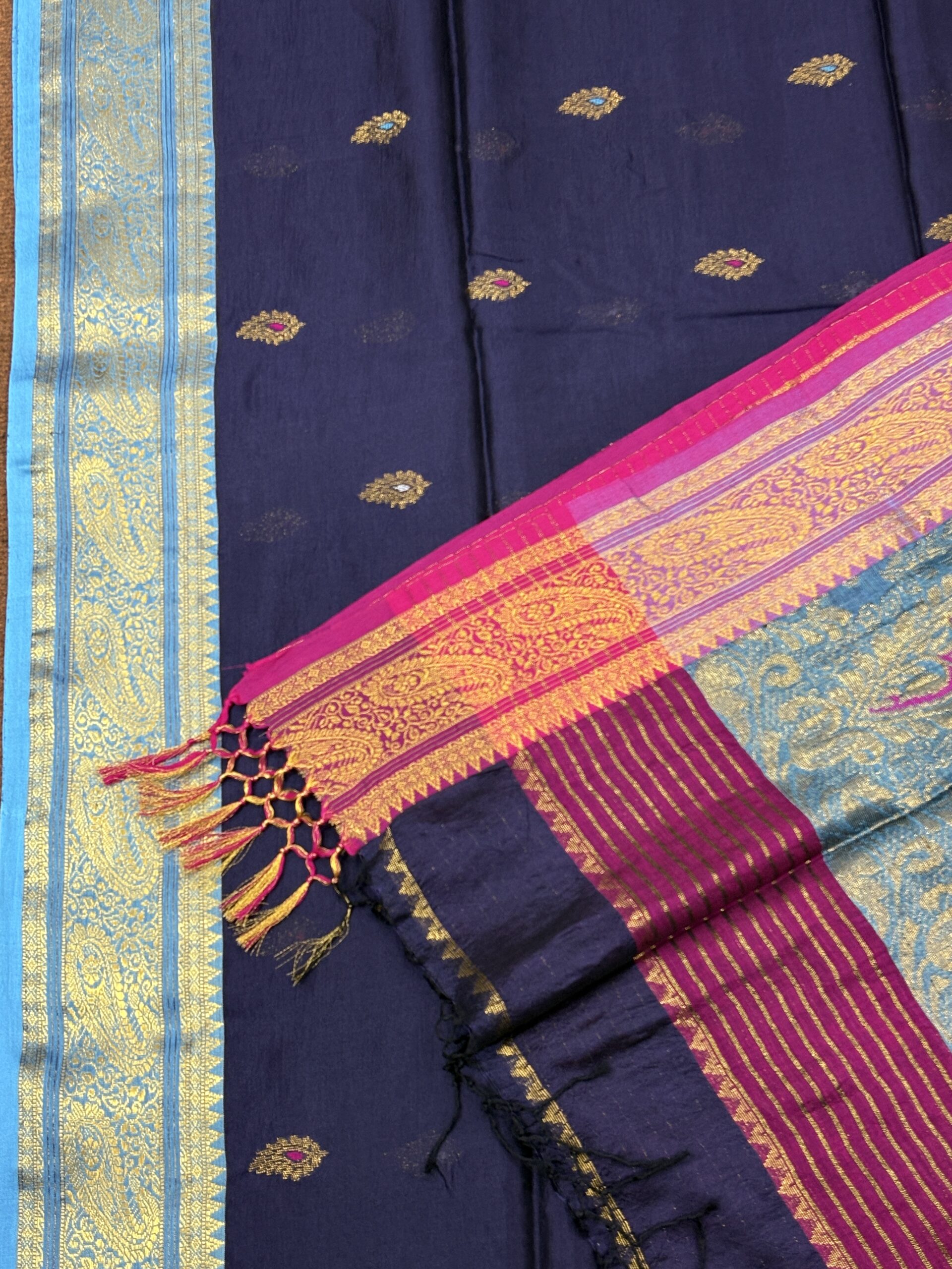 Dark Blue Paisley Katan Silk Jamdani Saree with Blouse Piece - Image 8