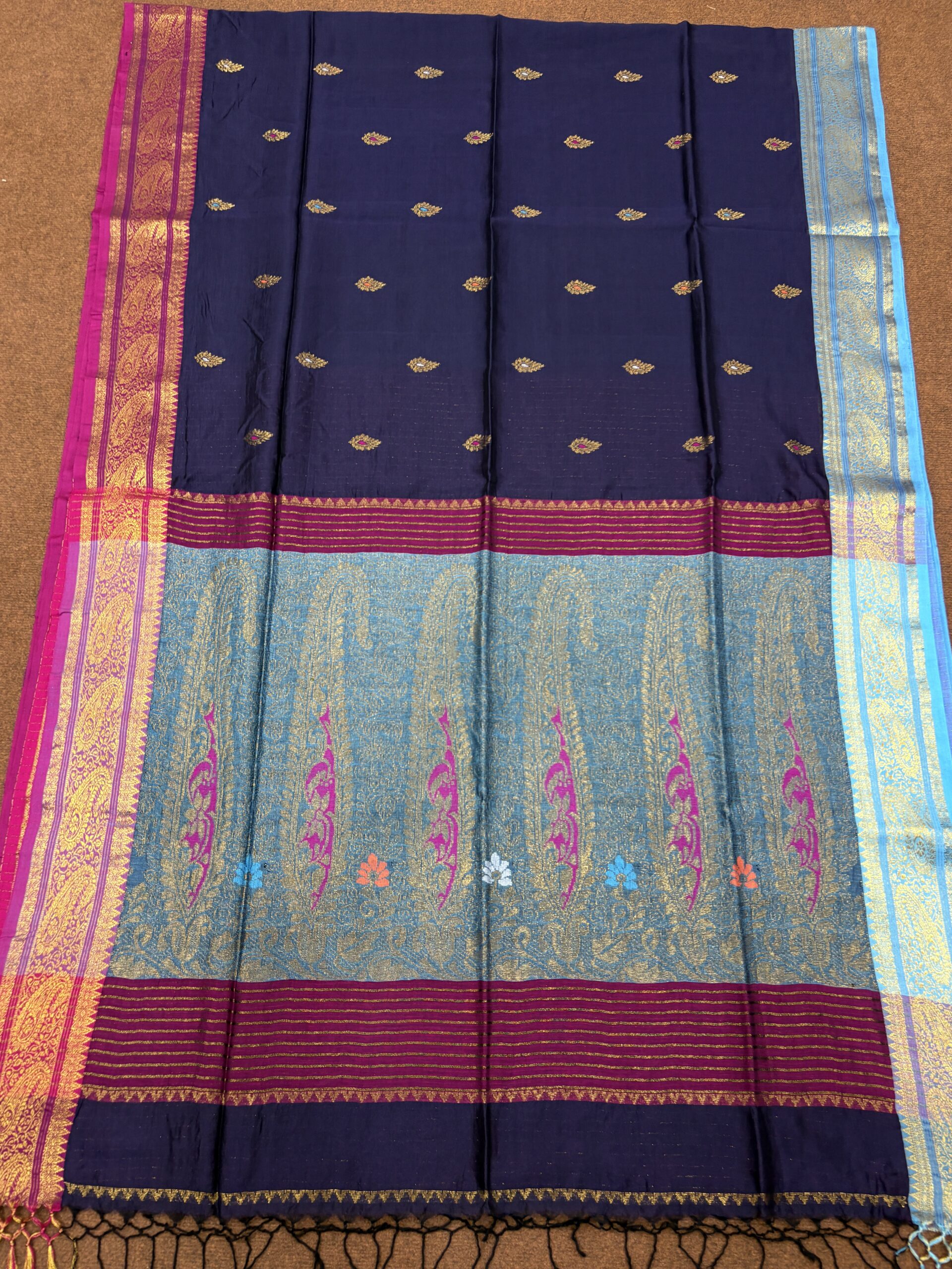 Dark Blue Paisley Katan Silk Jamdani Saree with Blouse Piece - Image 6
