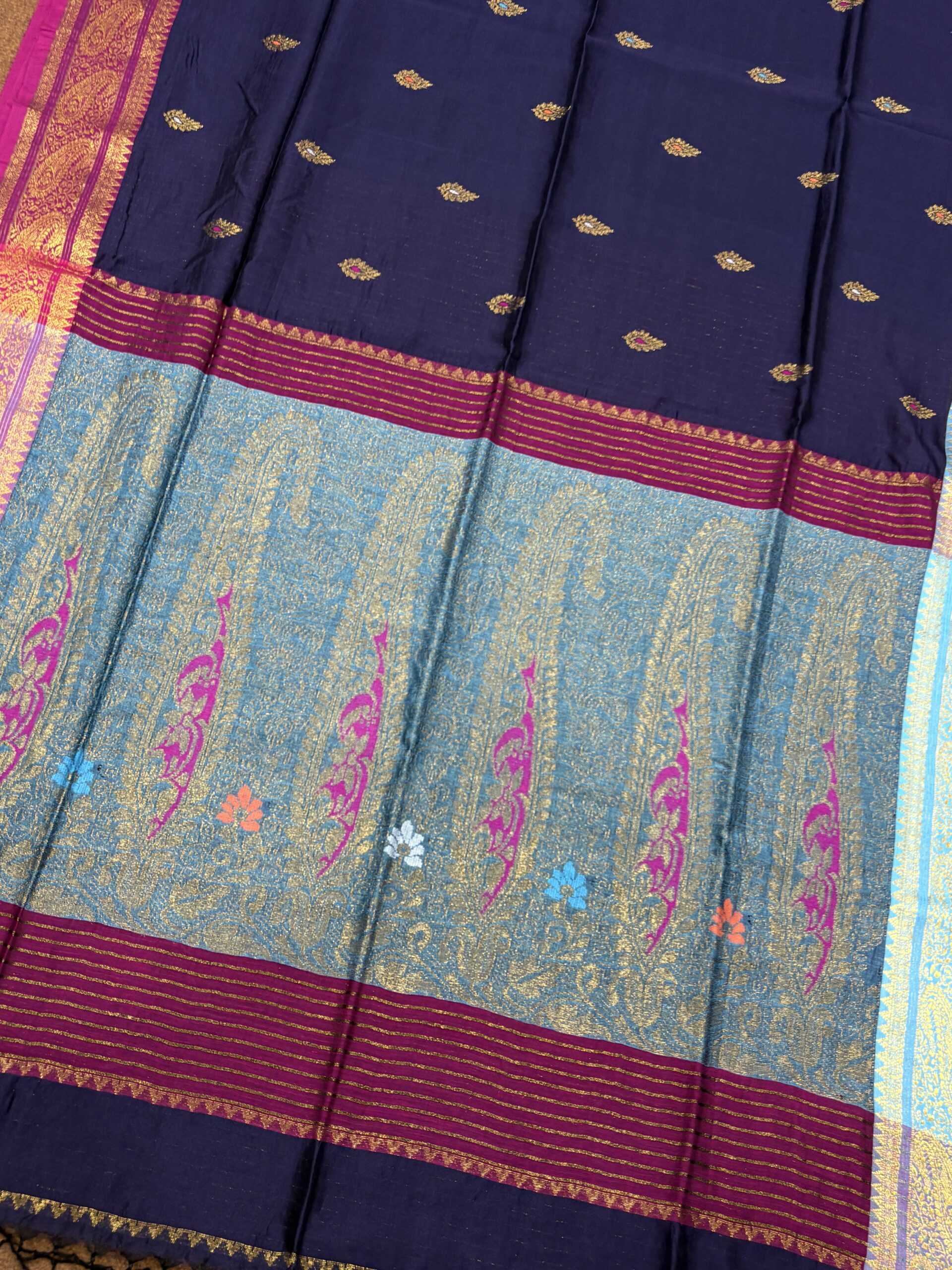 Dark Blue Paisley Katan Silk Jamdani Saree with Blouse Piece - Image 5