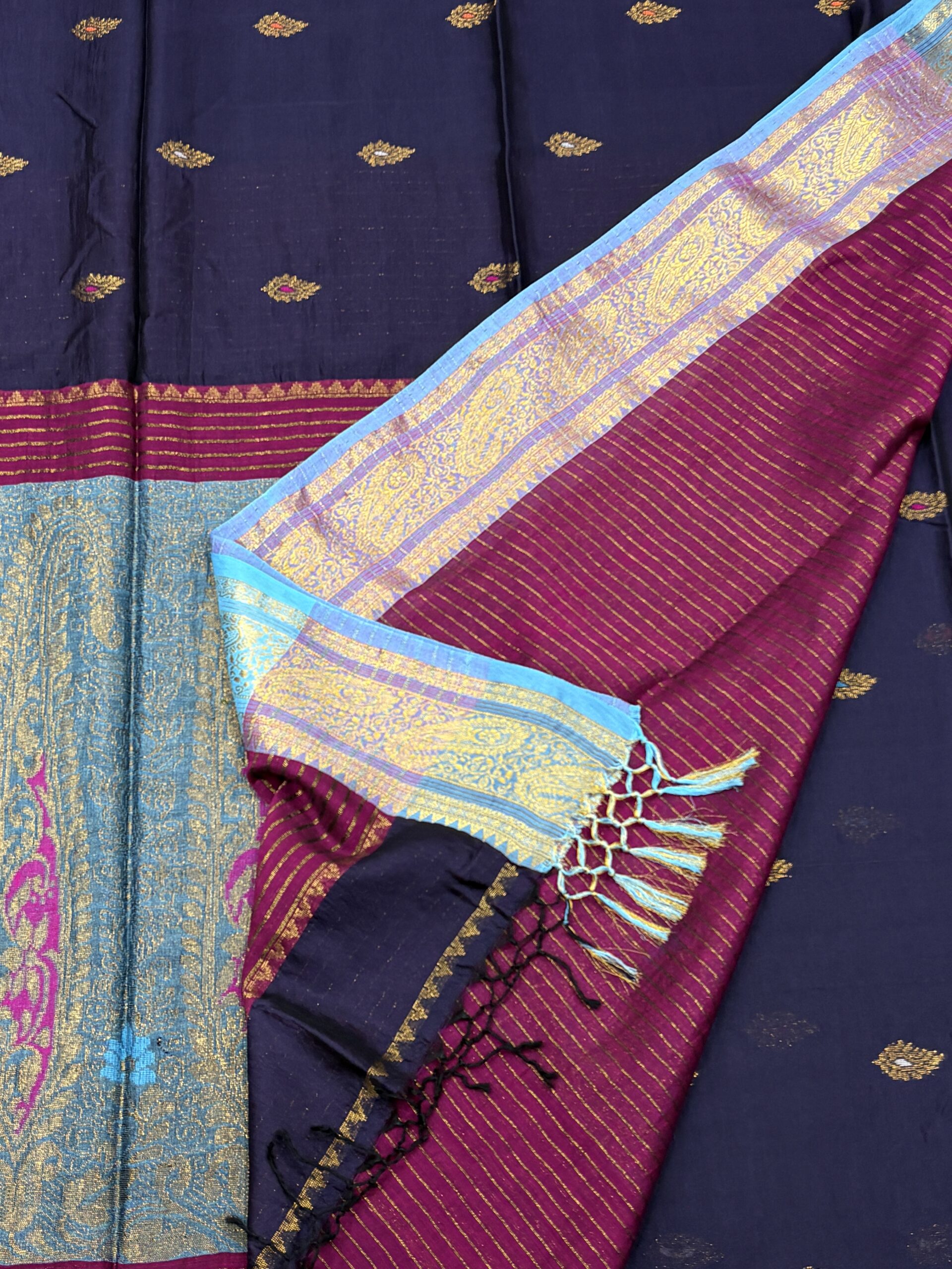 Dark Blue Paisley Katan Silk Jamdani Saree with Blouse Piece - Image 4