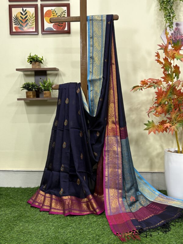 Dark Blue Paisley Katan Silk Jamdani Saree with Blouse Piece