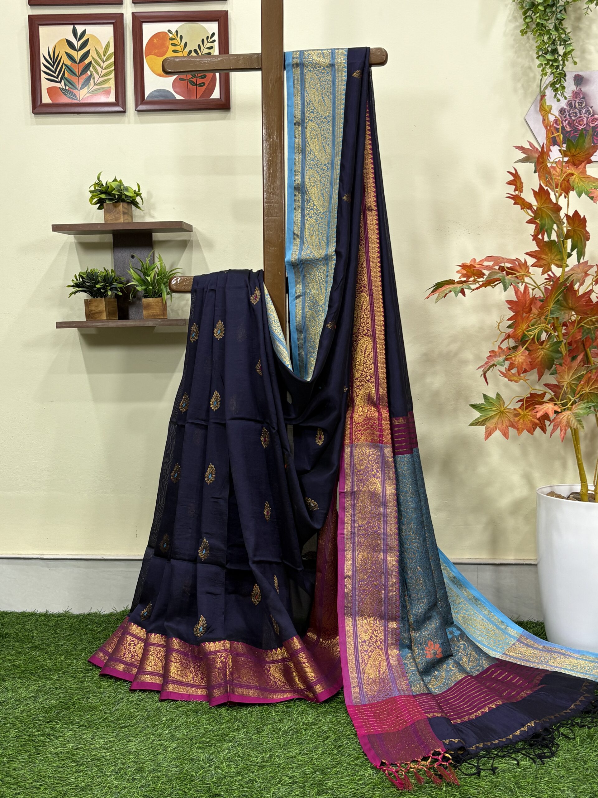 Dark Blue Paisley Katan Silk Jamdani Saree with Blouse Piece