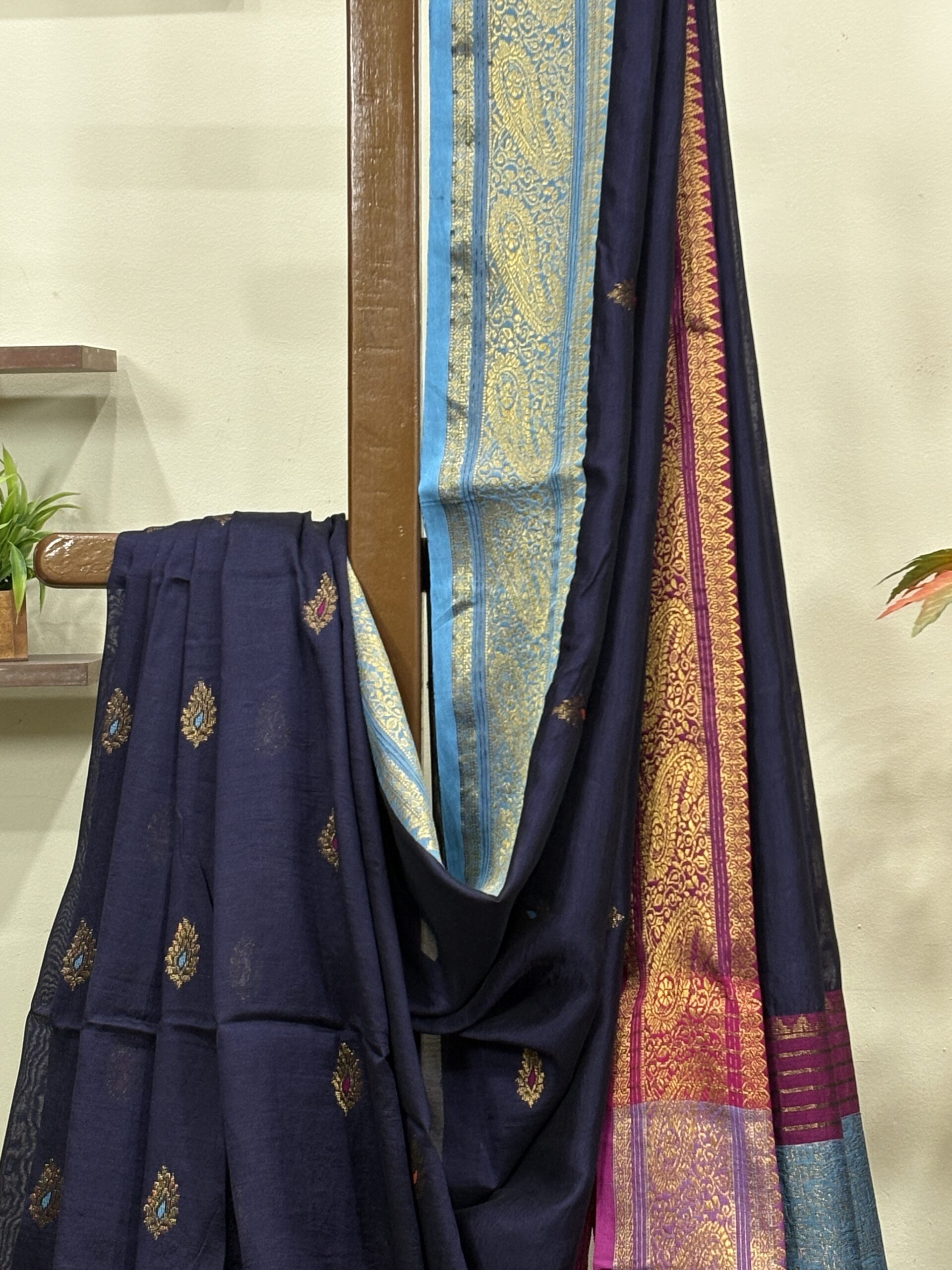 Dark Blue Paisley Katan Silk Jamdani Saree with Blouse Piece - Image 2