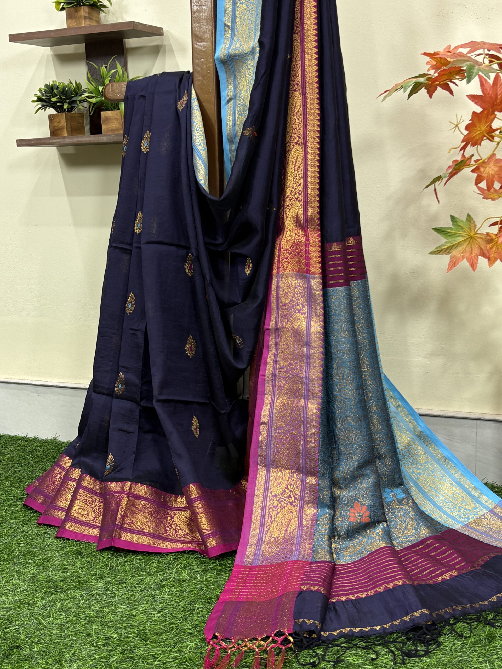 Dark Blue Paisley Katan Silk Jamdani Saree with Blouse Piece - Image 3