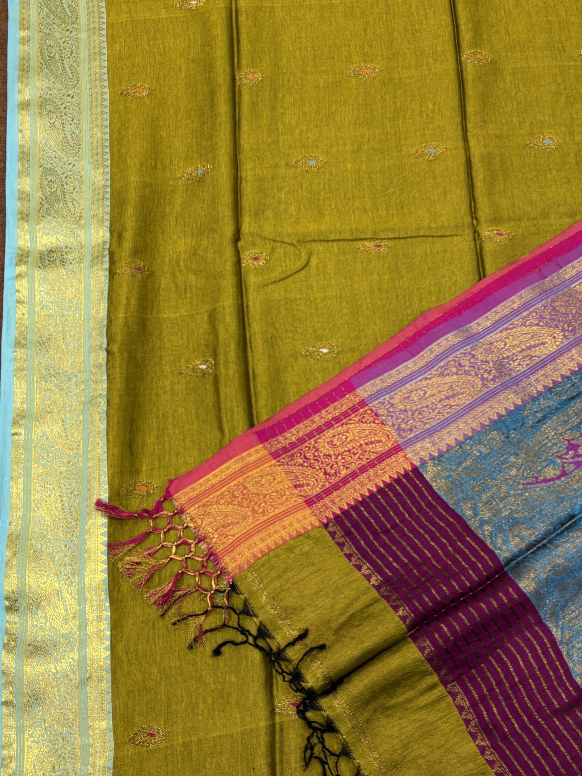 Golden Paisley Katan Silk Jamdani Saree with Blouse Piece - Image 8