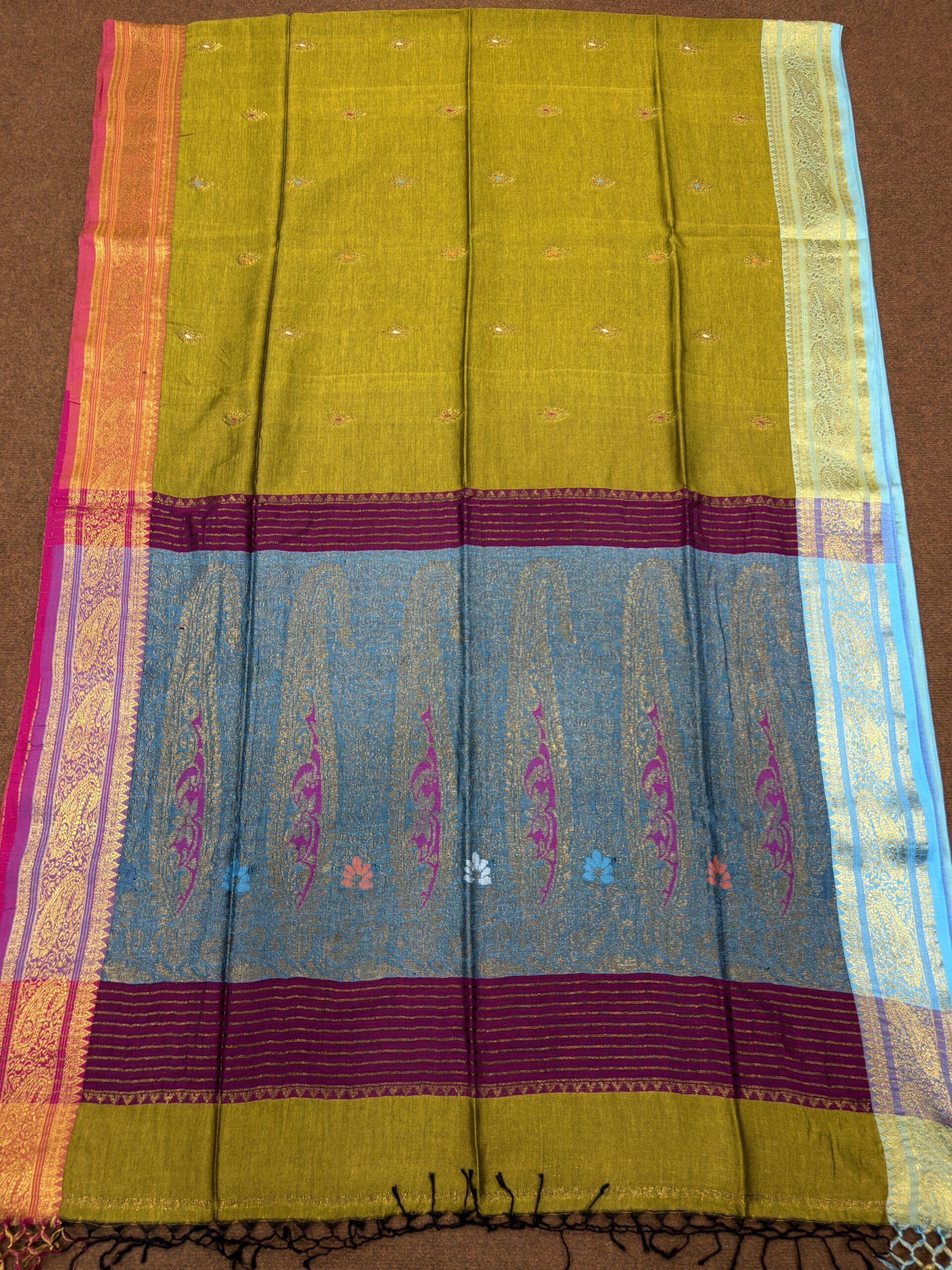 Golden Paisley Katan Silk Jamdani Saree with Blouse Piece - Image 6