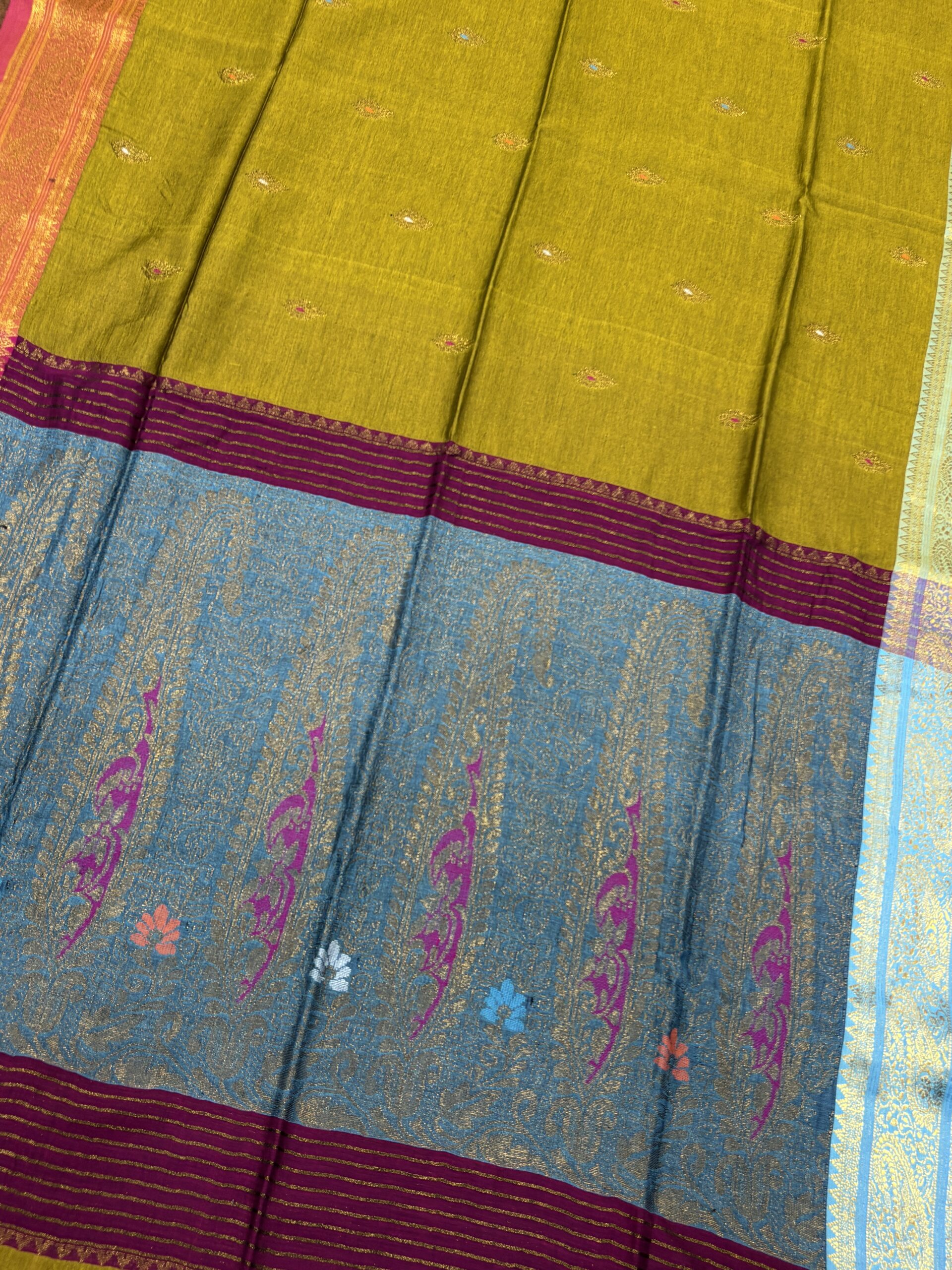 Golden Paisley Katan Silk Jamdani Saree with Blouse Piece - Image 5