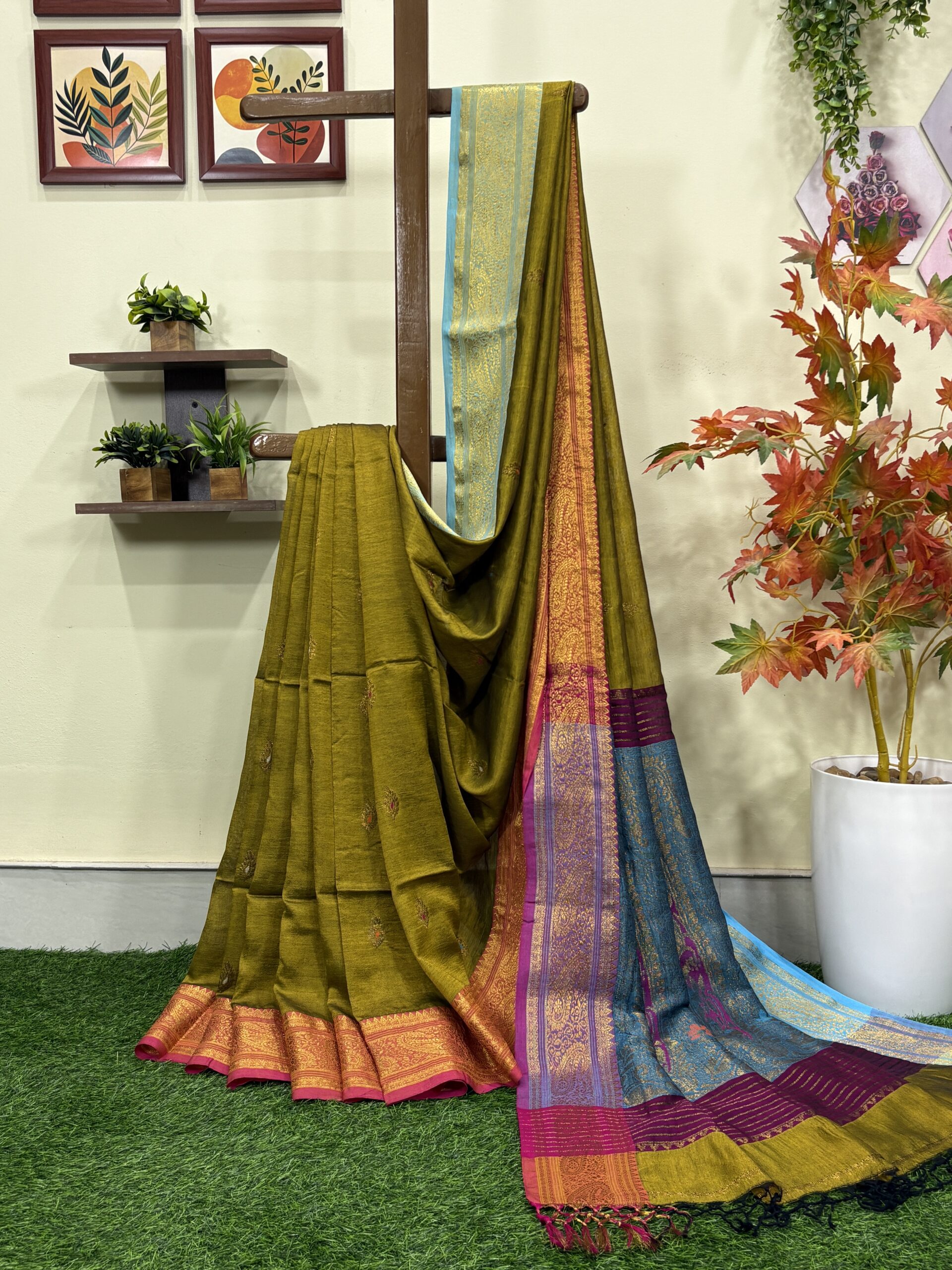 Golden Paisley Katan Silk Jamdani Saree with Blouse Piece