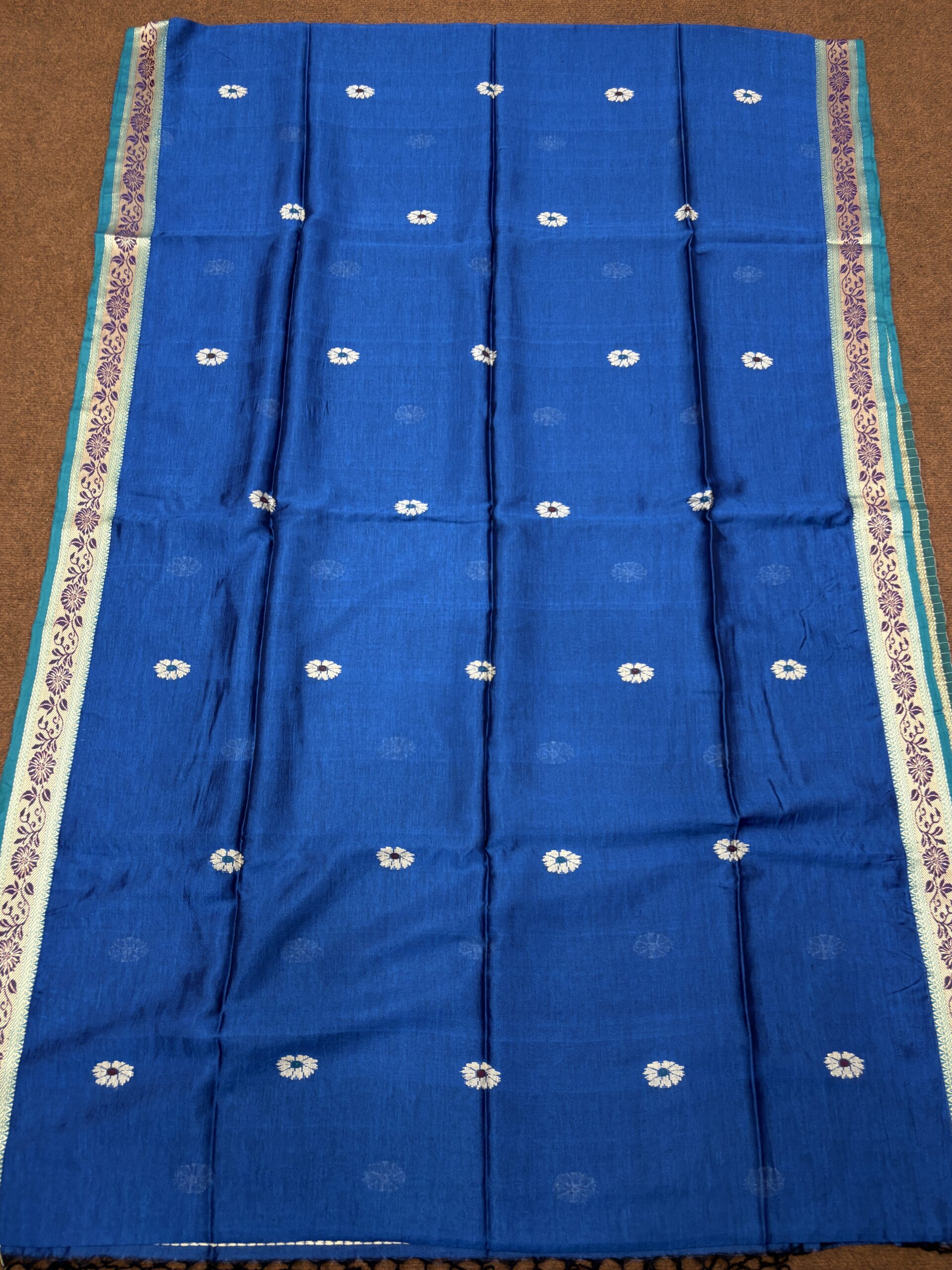 Indigo Blue Katan Silk Baluchari Jamdani Saree with Blouse Piece - Image 5