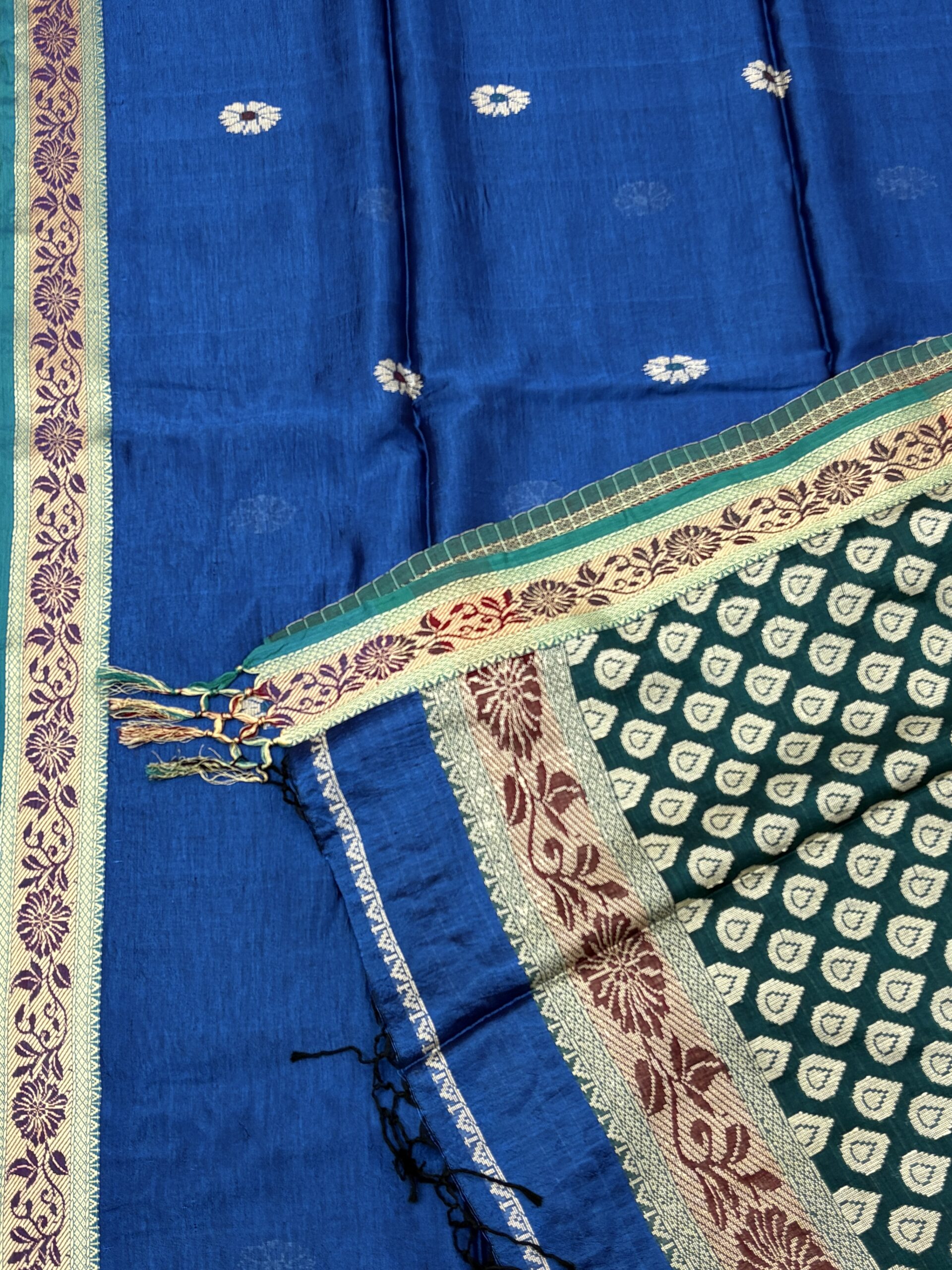 Indigo Blue Katan Silk Baluchari Jamdani Saree with Blouse Piece - Image 4