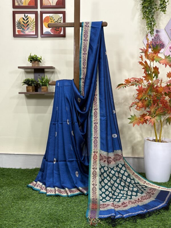 Indigo Blue Katan Silk Baluchari Jamdani Saree with Blouse Piece