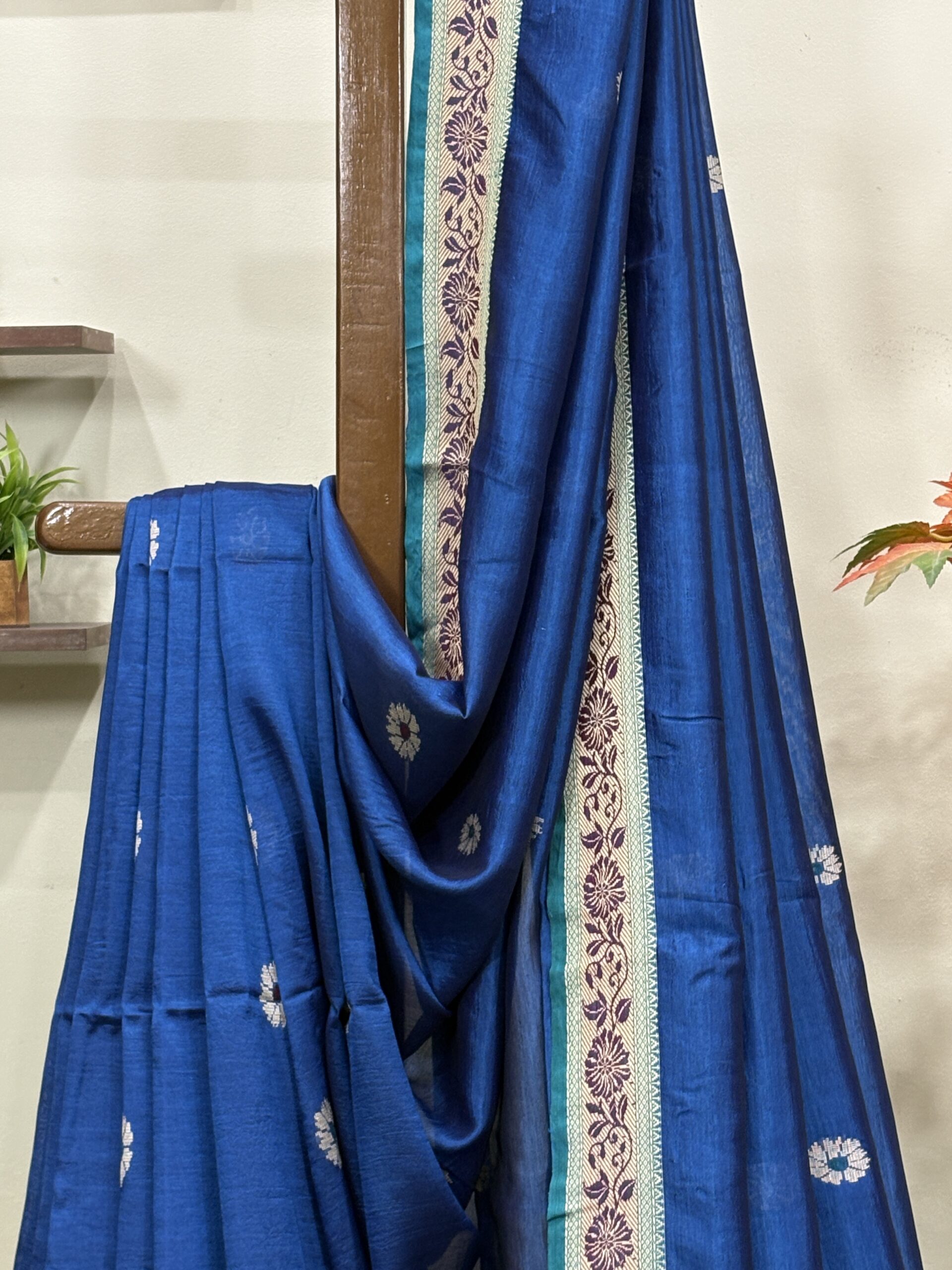 Indigo Blue Katan Silk Baluchari Jamdani Saree with Blouse Piece - Image 3