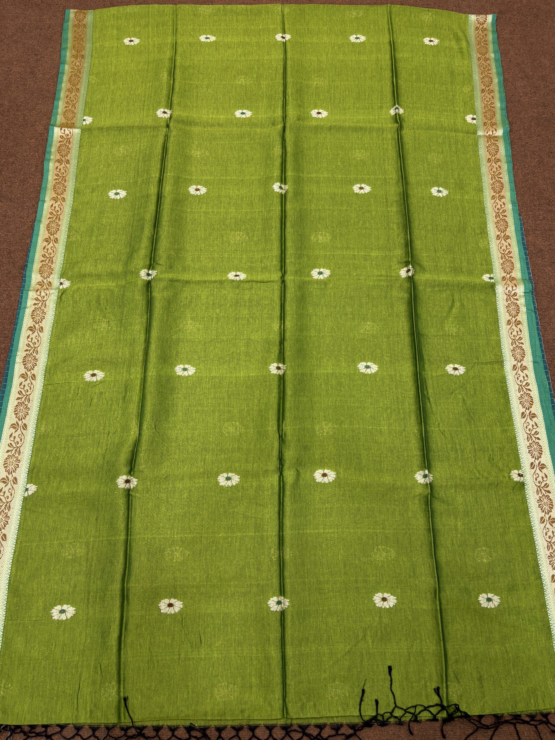 Olive Green Katan Silk Baluchari Jamdani Saree with Blouse Piece - Image 10