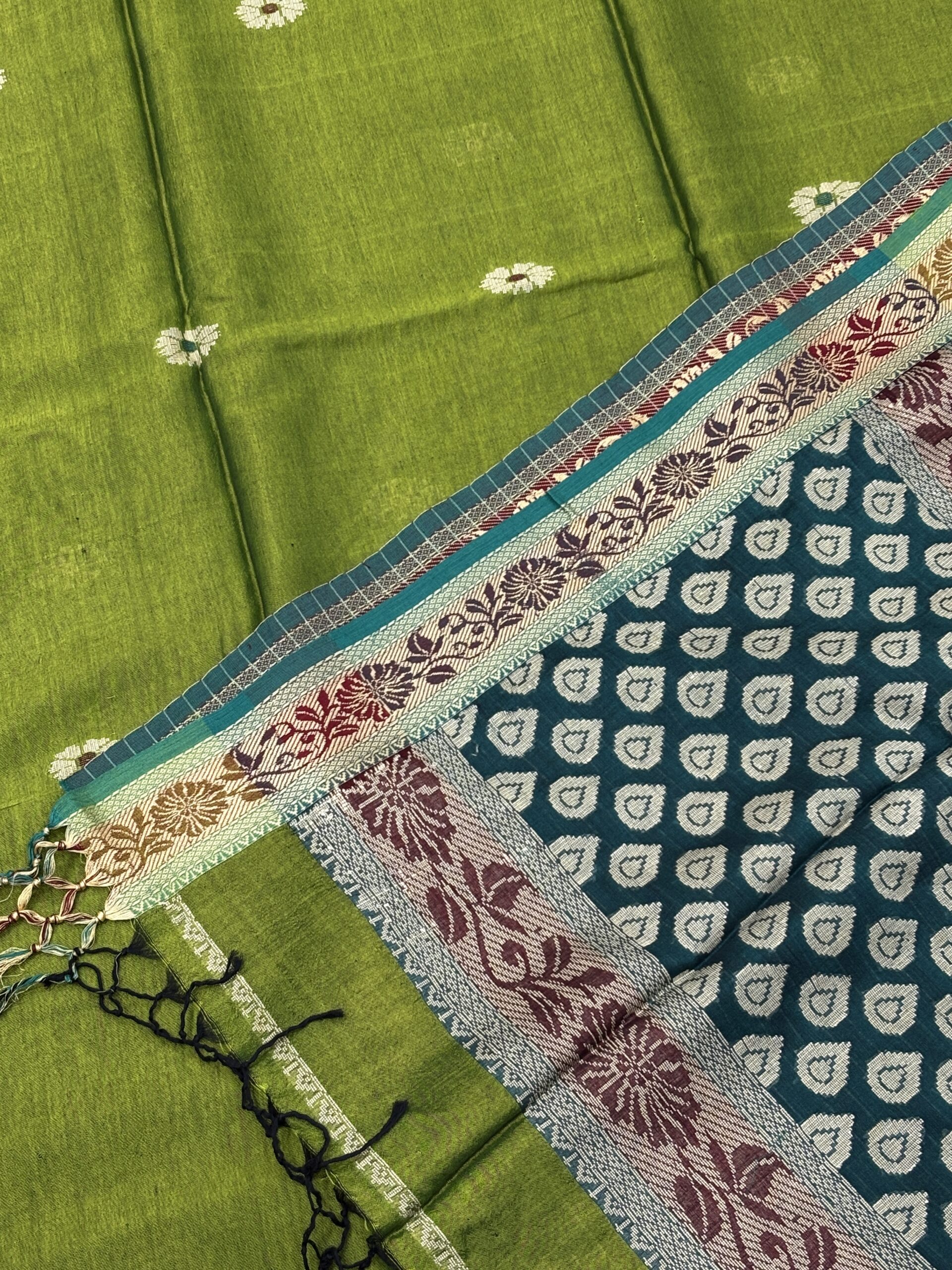 Olive Green Katan Silk Baluchari Jamdani Saree with Blouse Piece - Image 9