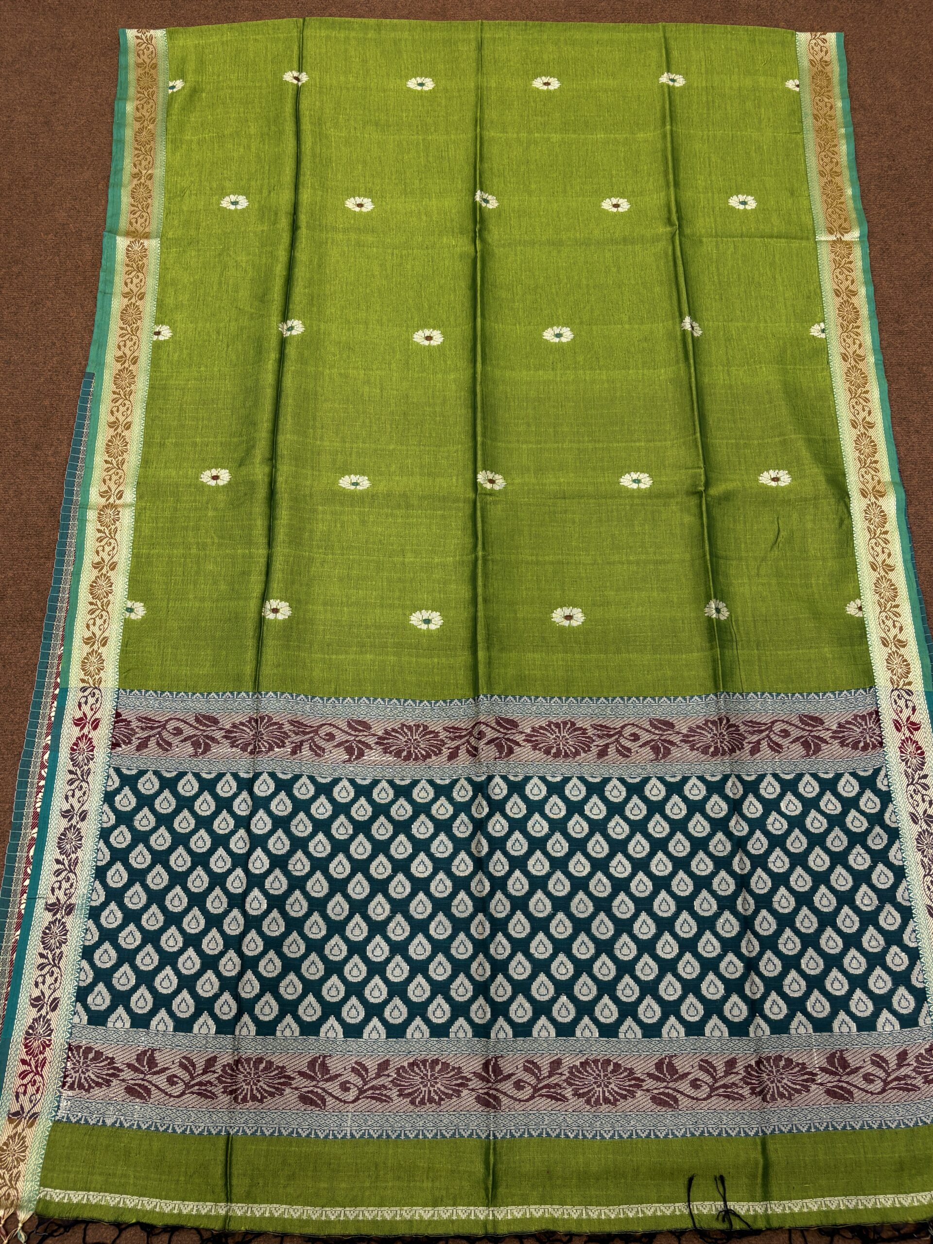 Olive Green Katan Silk Baluchari Jamdani Saree with Blouse Piece - Image 6
