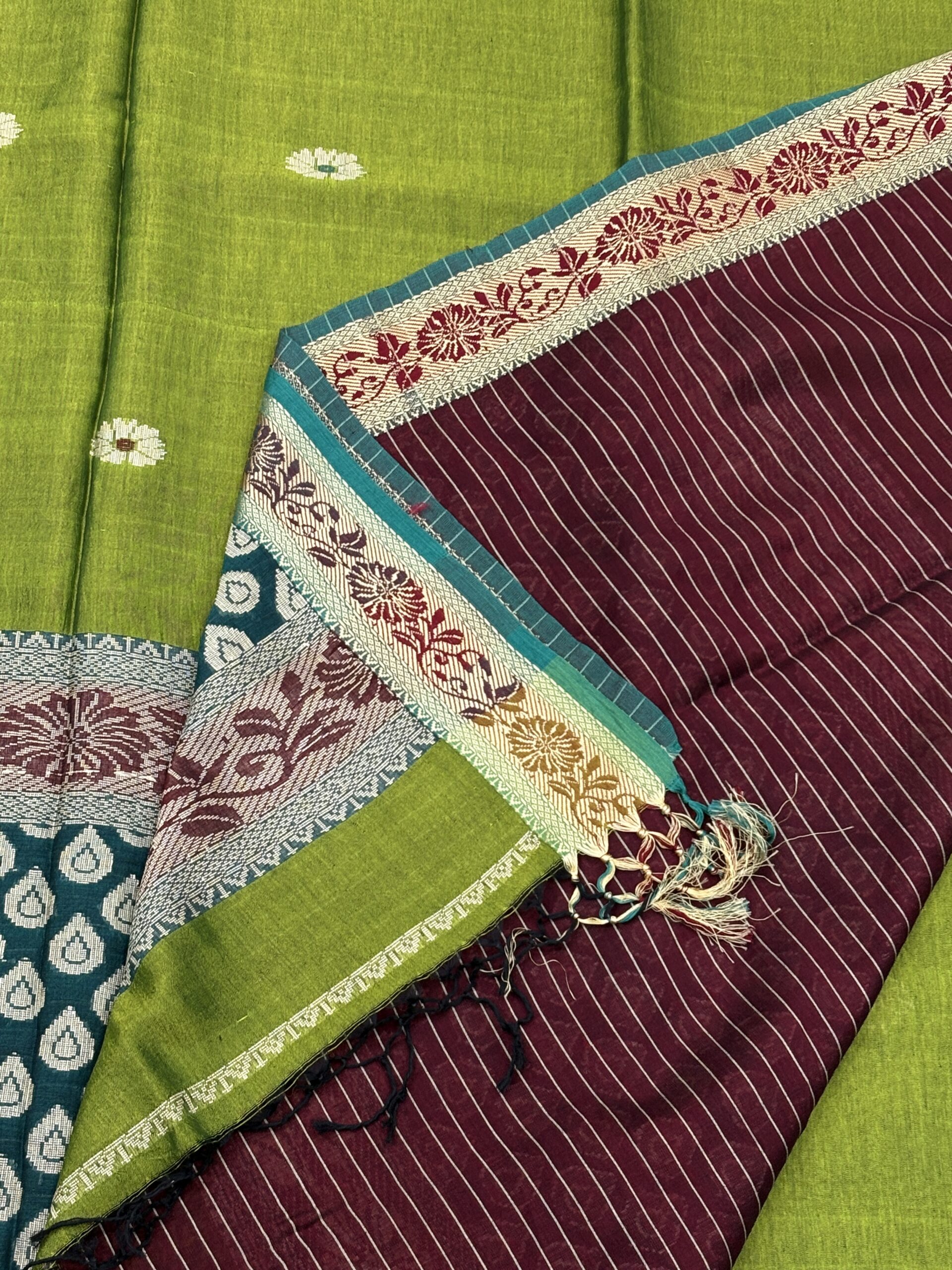 Olive Green Katan Silk Baluchari Jamdani Saree with Blouse Piece - Image 4
