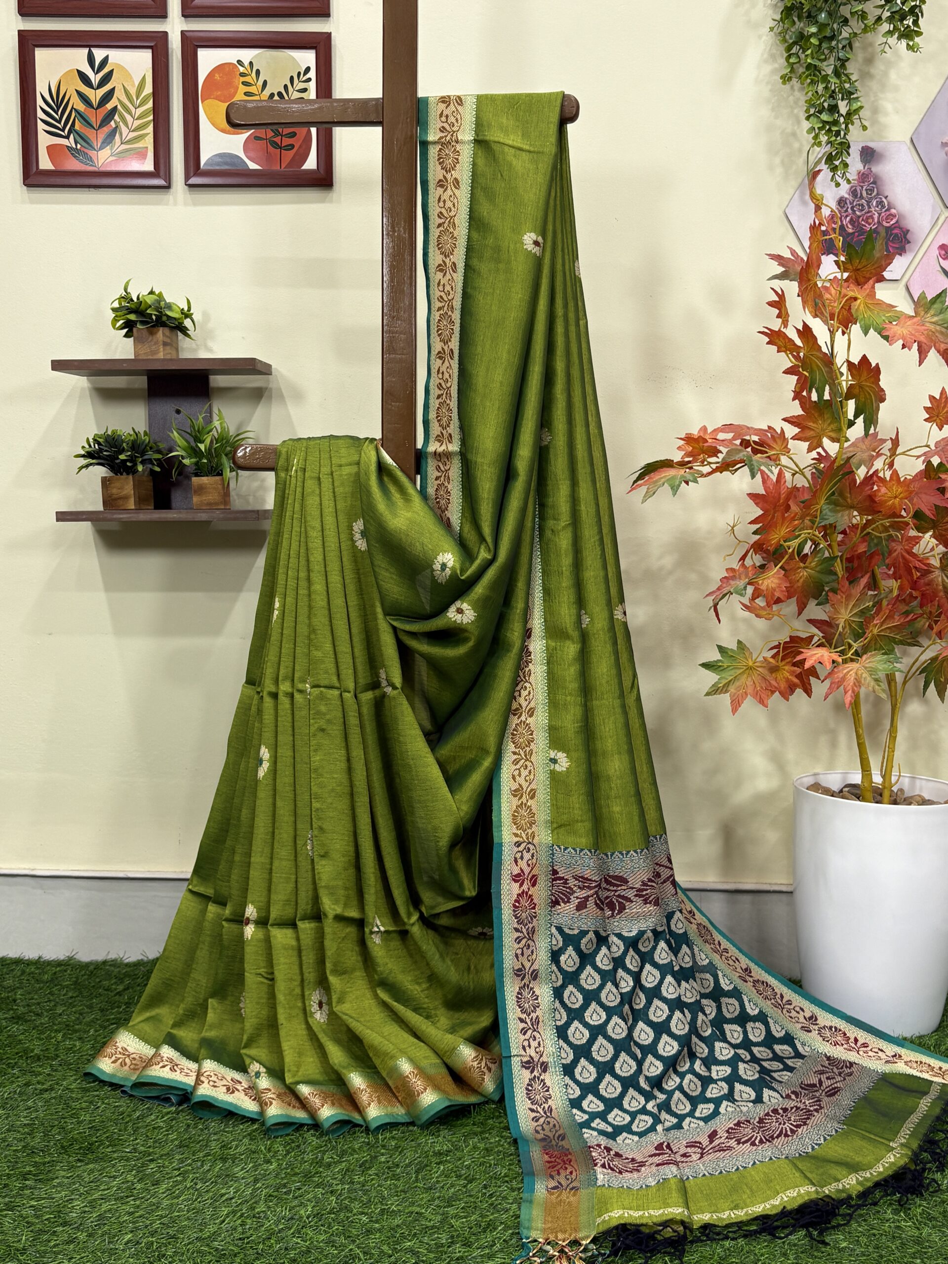 Olive Green Katan Silk Baluchari Jamdani Saree with Blouse Piece