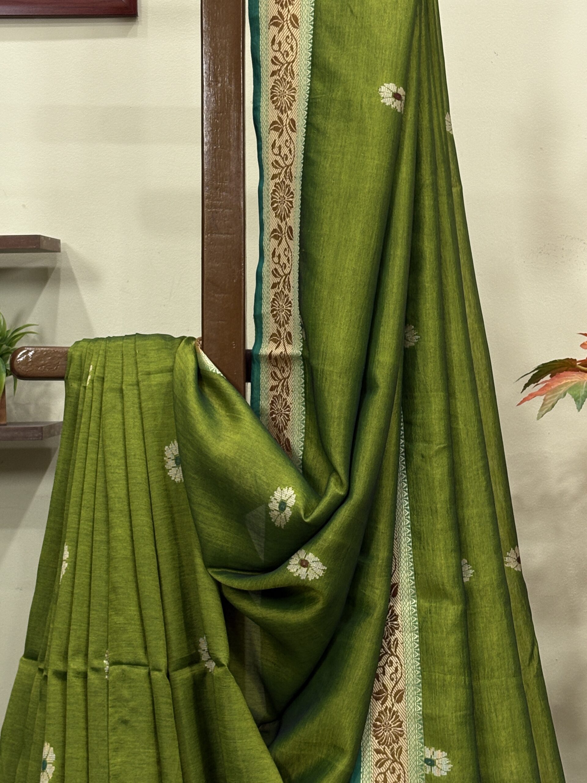 Olive Green Katan Silk Baluchari Jamdani Saree with Blouse Piece - Image 3