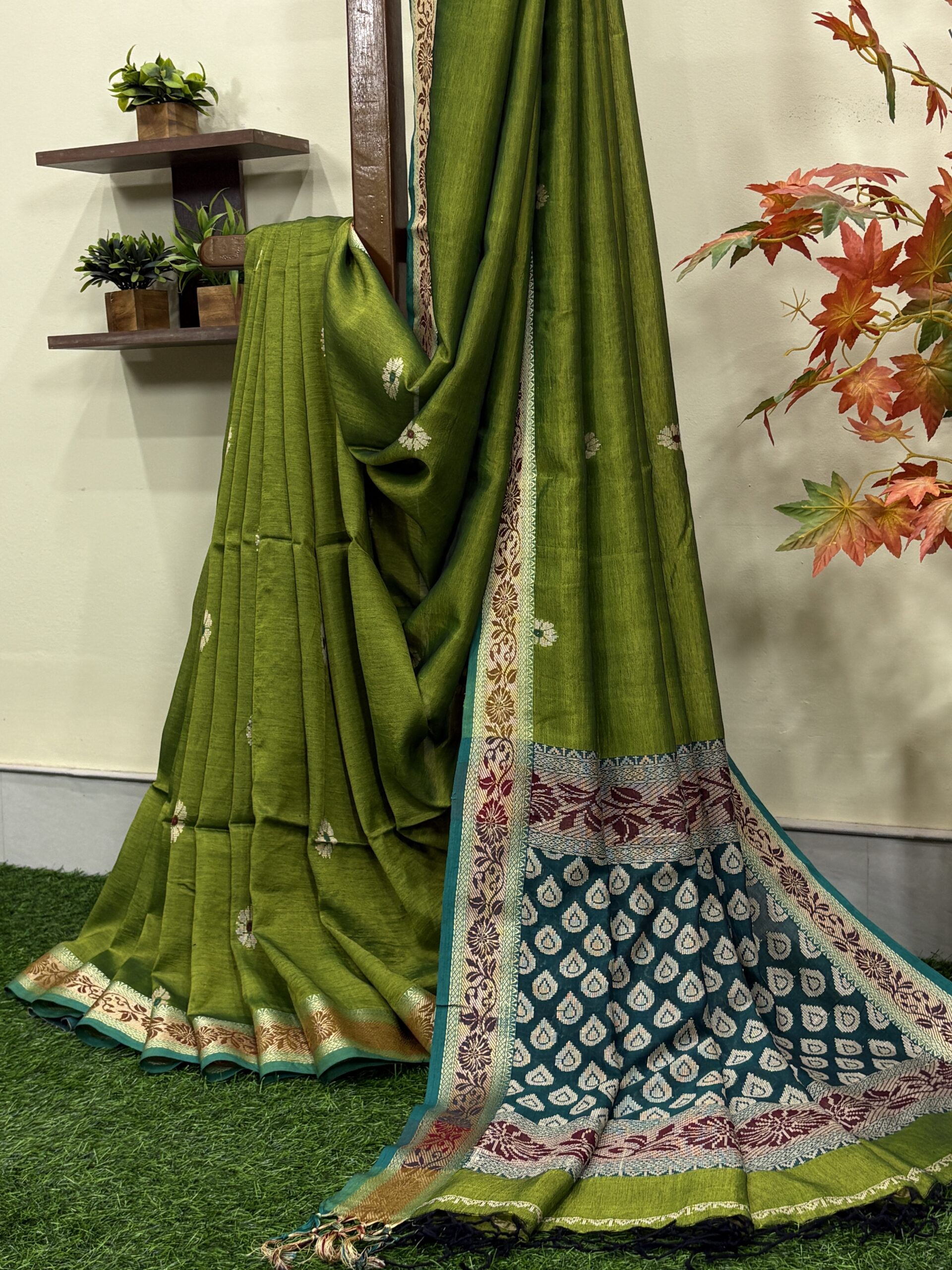Olive Green Katan Silk Baluchari Jamdani Saree with Blouse Piece - Image 2