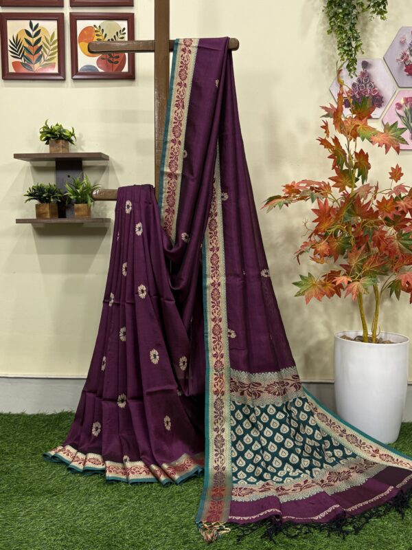 Dark Wine Katan Silk Baluchari Jamdani Saree with Blouse Piece