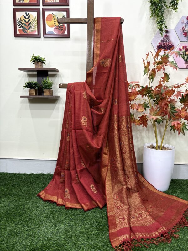 Red Floral Mina Buta Tissue Organic Linen Jamdani Saree with Blouse Piece