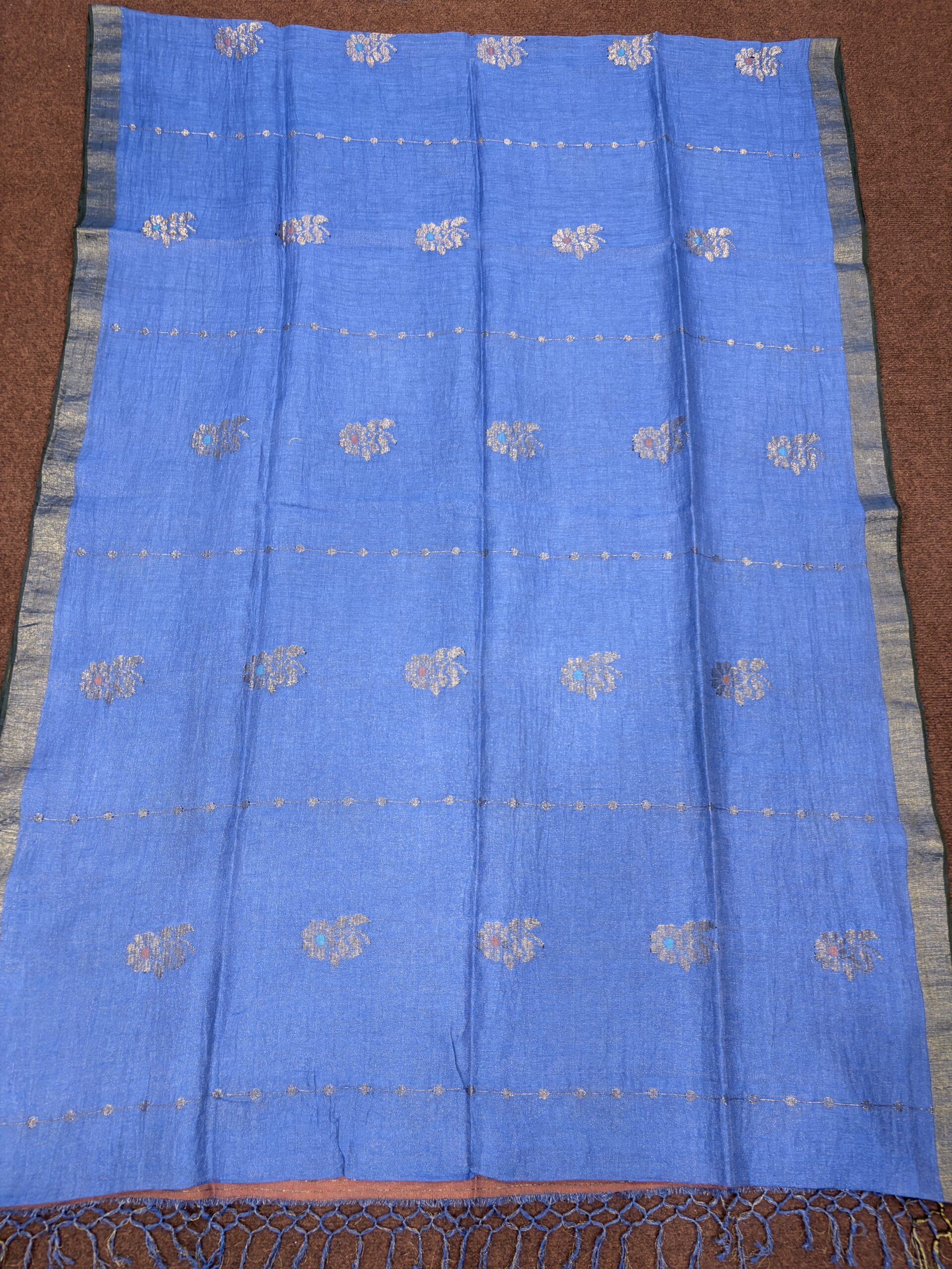 Sky Blue Floral Mina Buta Tissue Organic Linen Jamdani Saree with Blouse Piece - Image 9