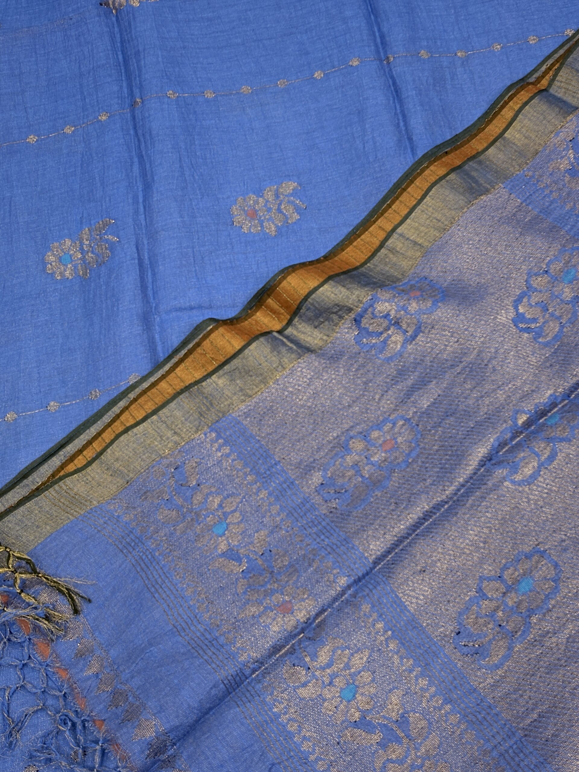 Sky Blue Floral Mina Buta Tissue Organic Linen Jamdani Saree with Blouse Piece - Image 7