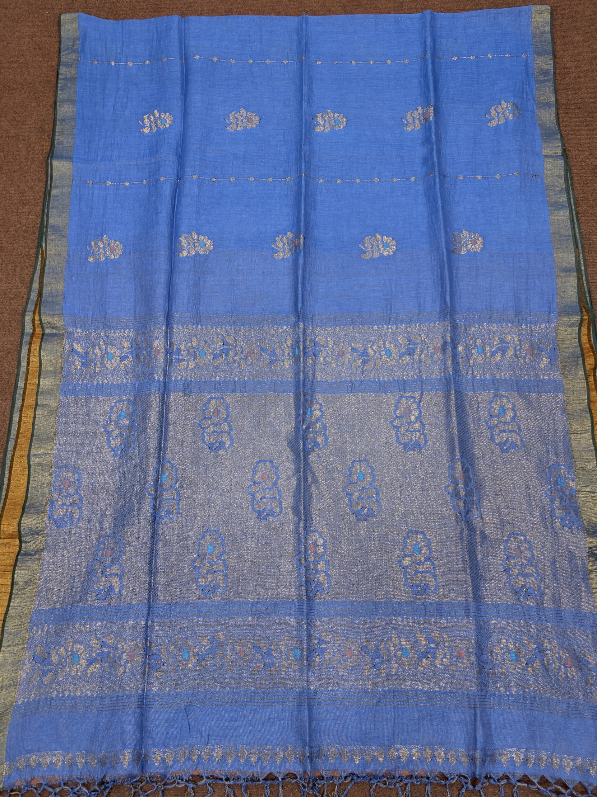 Sky Blue Floral Mina Buta Tissue Organic Linen Jamdani Saree with Blouse Piece - Image 5