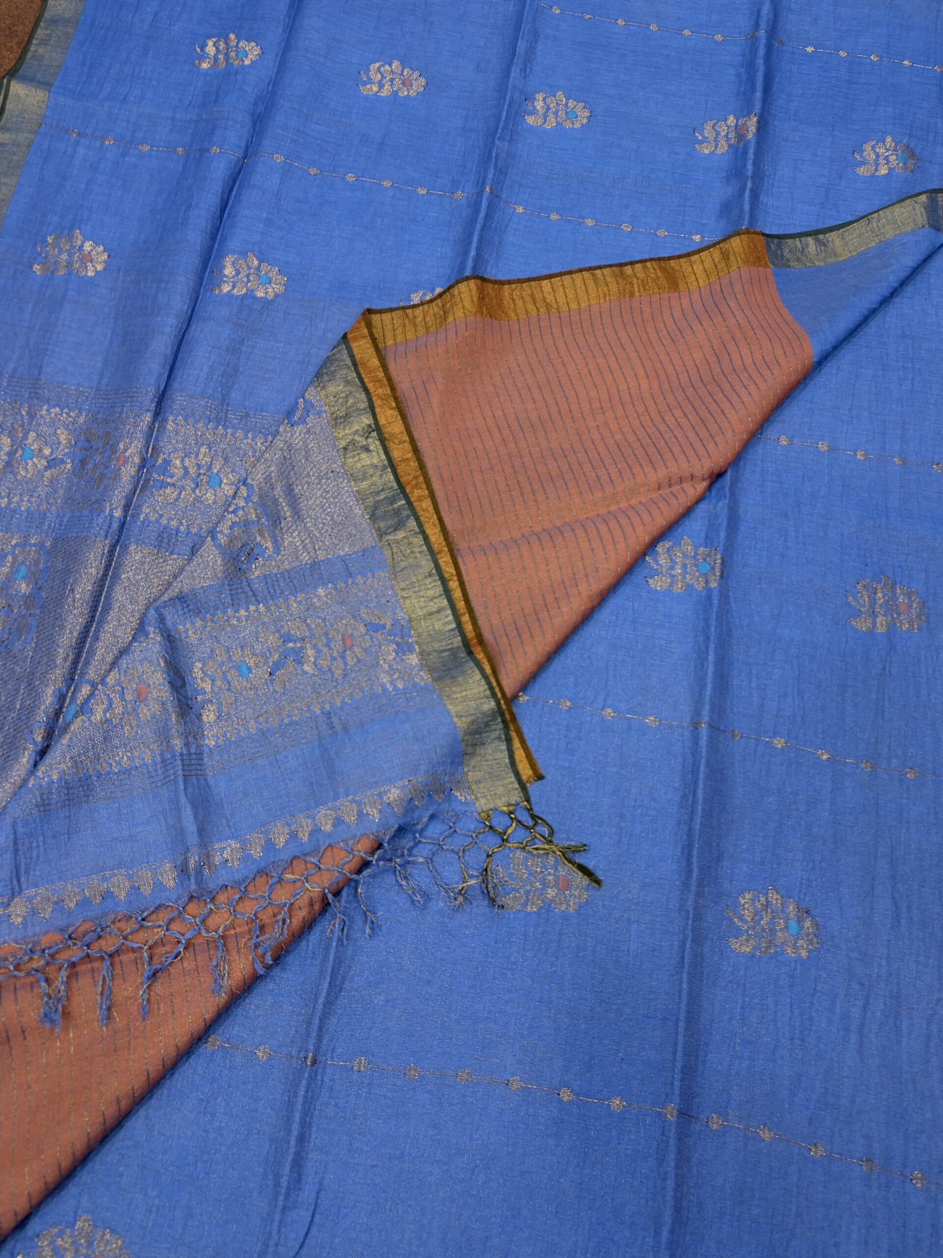 Sky Blue Floral Mina Buta Tissue Organic Linen Jamdani Saree with Blouse Piece - Image 4